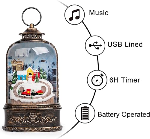 Miniatura 2 de Linterna de globo de nieve de pueblo navideño iluminado musical, muñeco de nieve y tren de montaña con purpurina giratoria, decoraciones navideñas,