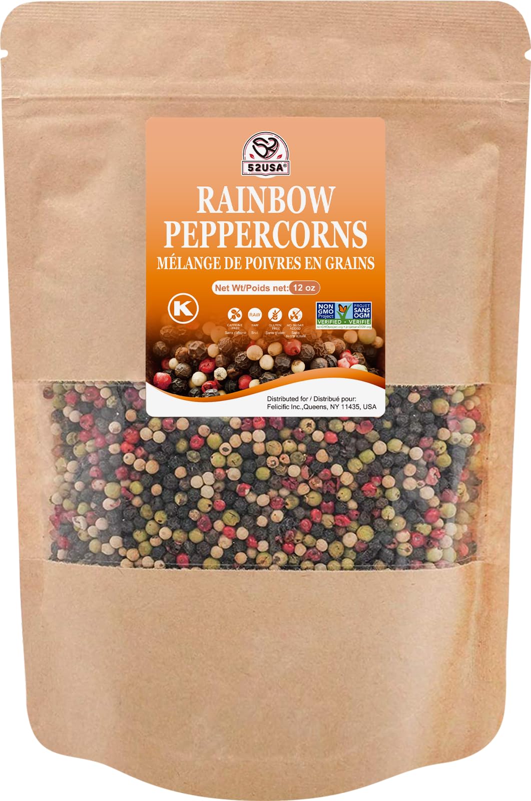 52USA Rainbow Peppercorns, 12oz, Peppercorn for Grinder Refill, Whole White Pepper corns, Red Peppercorn, Black Peppercorns, Mixed Peppercorns, Rainbow Pepper Mix