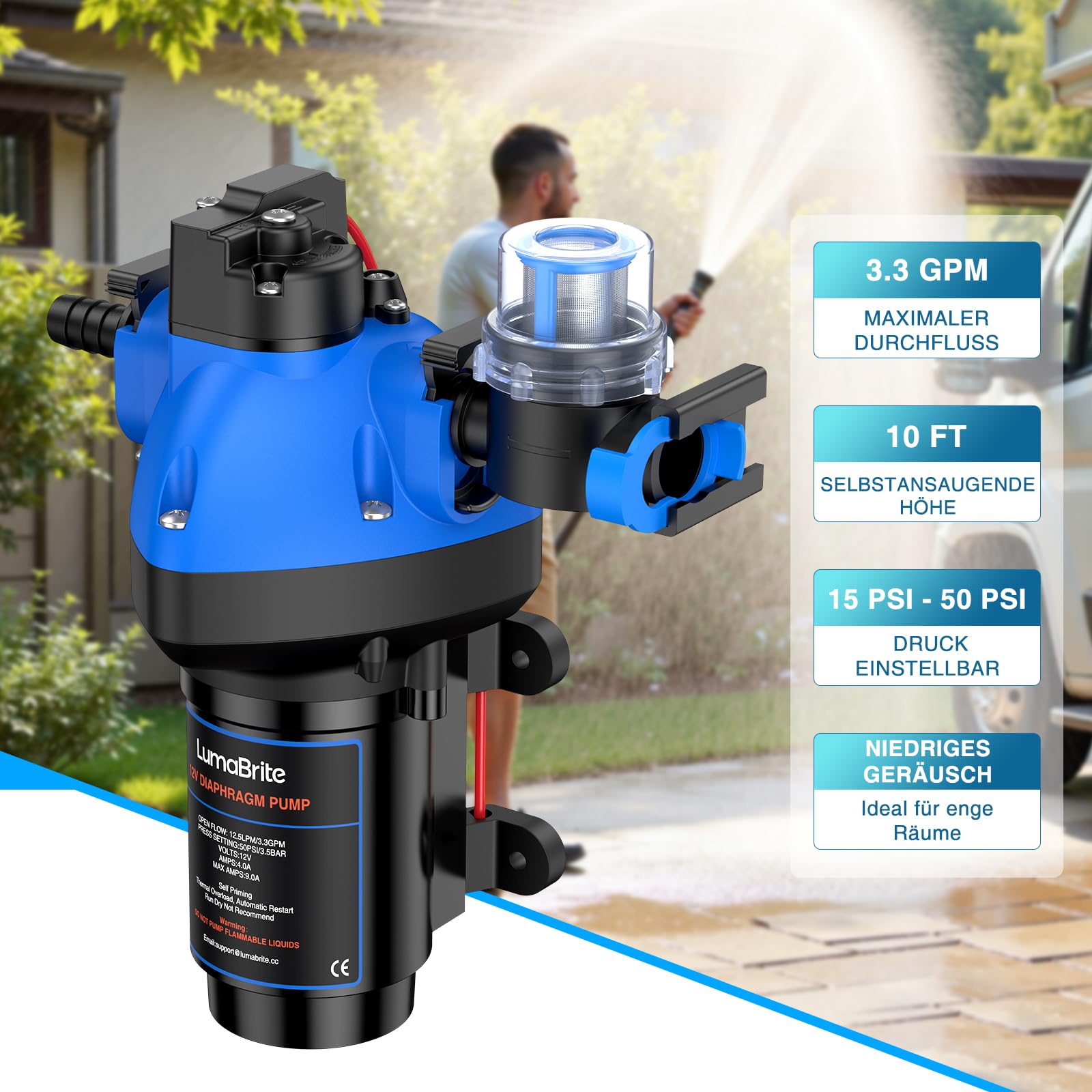 Membranpumpe 12V Wasserpumpe 3.3 GPM 50PSI Wasserpumpe Wohnmobil Selbstansaugend mit automatischem Druckschalter für Wohnmobil, Yacht, Imbisswagen, Camper, Marine