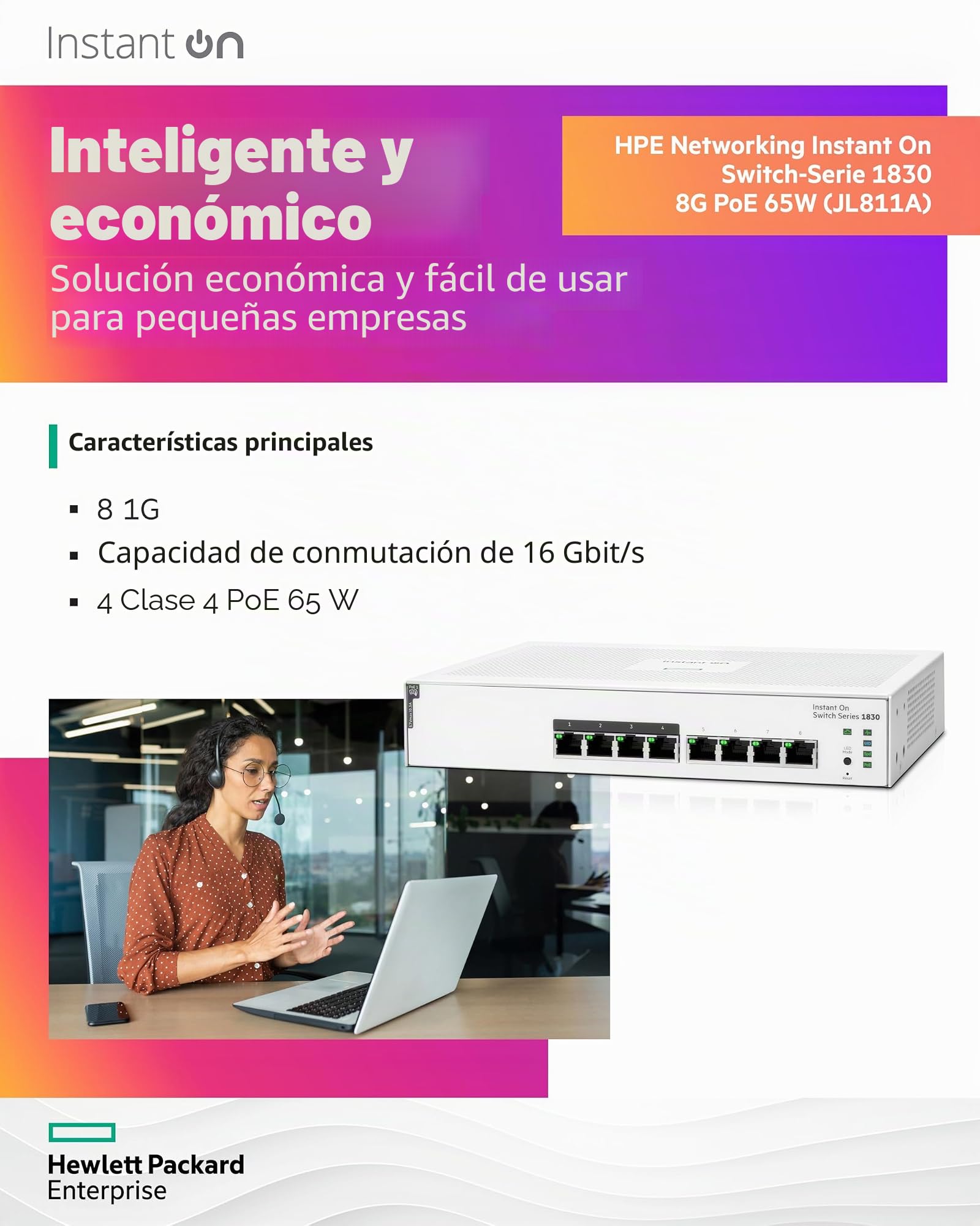 Aruba Instant On 1830 8 Puertos GB | 4 Puertos Clase 4 PoE Smart Switch (65 W) - 8 x 1G | Fanless | EU Europe Cord (JL811A#ABB)