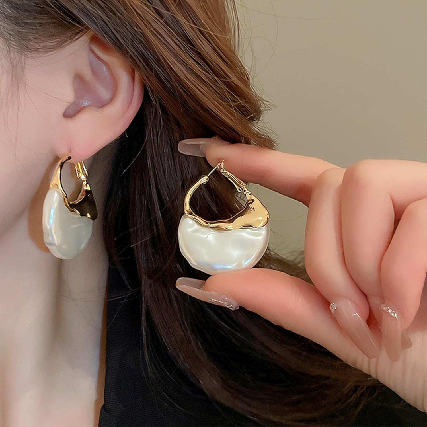 Large Irregular Pearl Hoop Earrings for Women,Exaggerated Gold Statement Geometric Big Drop Dangle Earrings Deliacte Holiday Hawaii Jewelry Gifts - Image 6