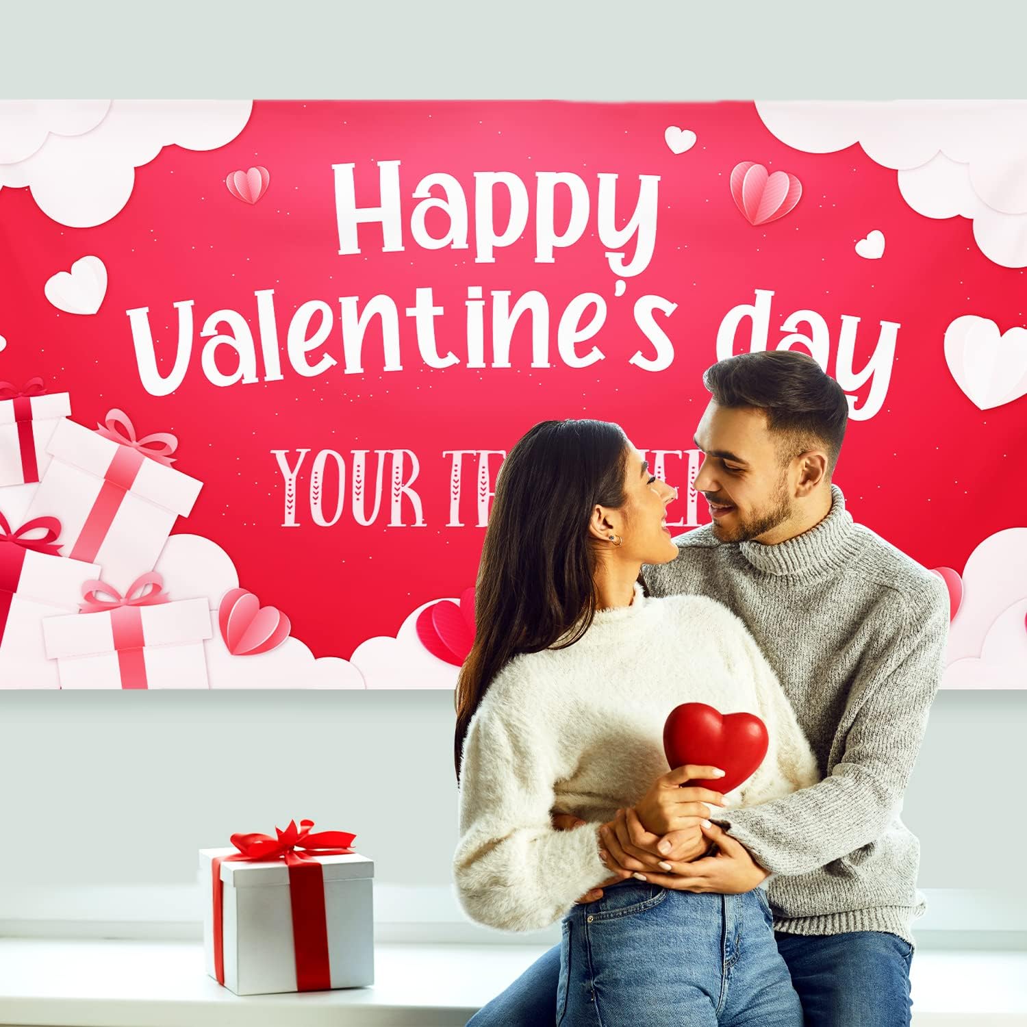 Personalized Valentine's Day Banner, Custom Valentines Décor Vinyl Background Sign, Happy Valentine's Day Decoration for Home or Party Made in USA, 36x72 Inches Banner, Made in USA