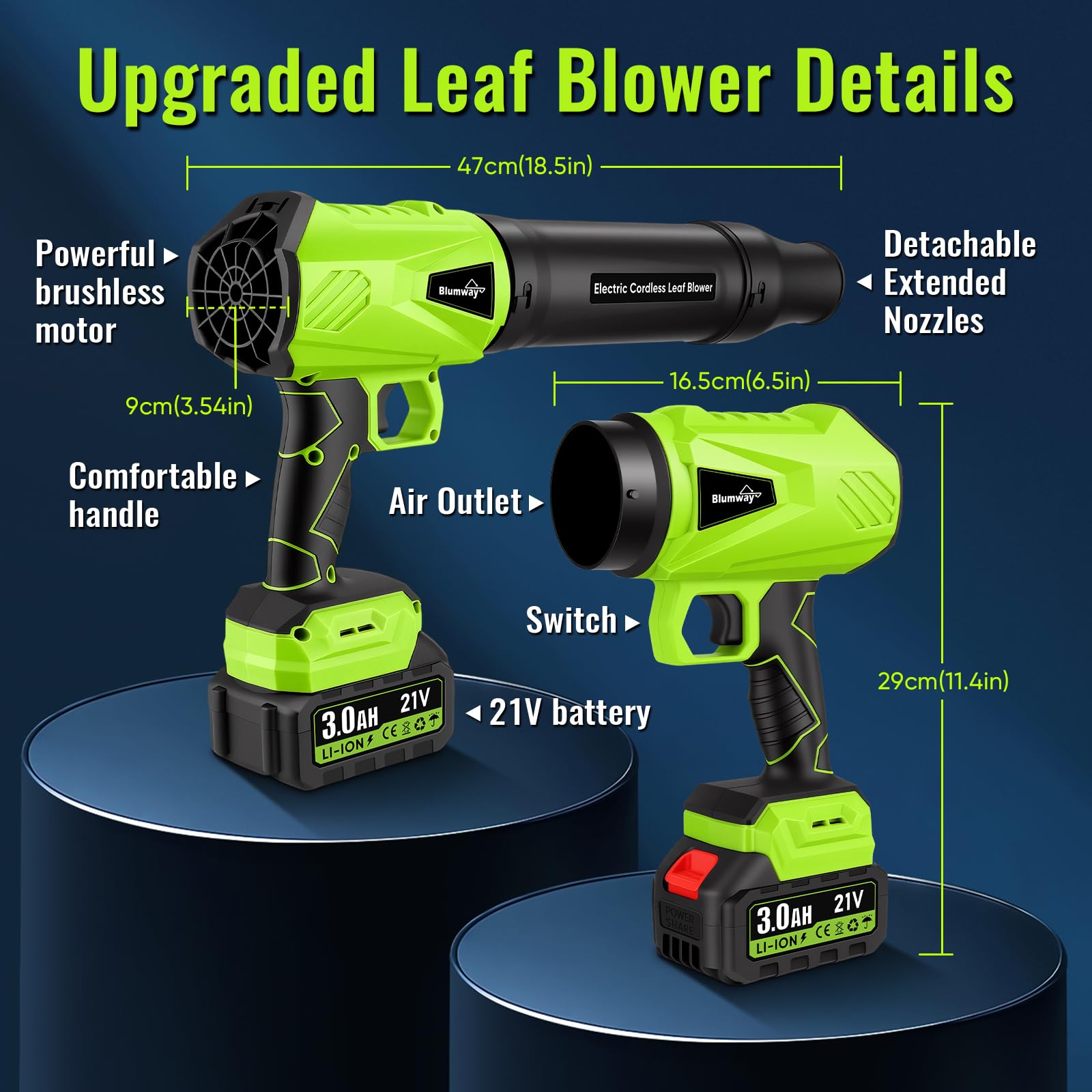 Blumway Soplador de hojas inalámbrico, soplador de hojas manual, 3 boquillas de extensión, motor mejorado, 21 V, 2 unidades, soplador eléctrico de hojas para el cuidado del césped, jardín