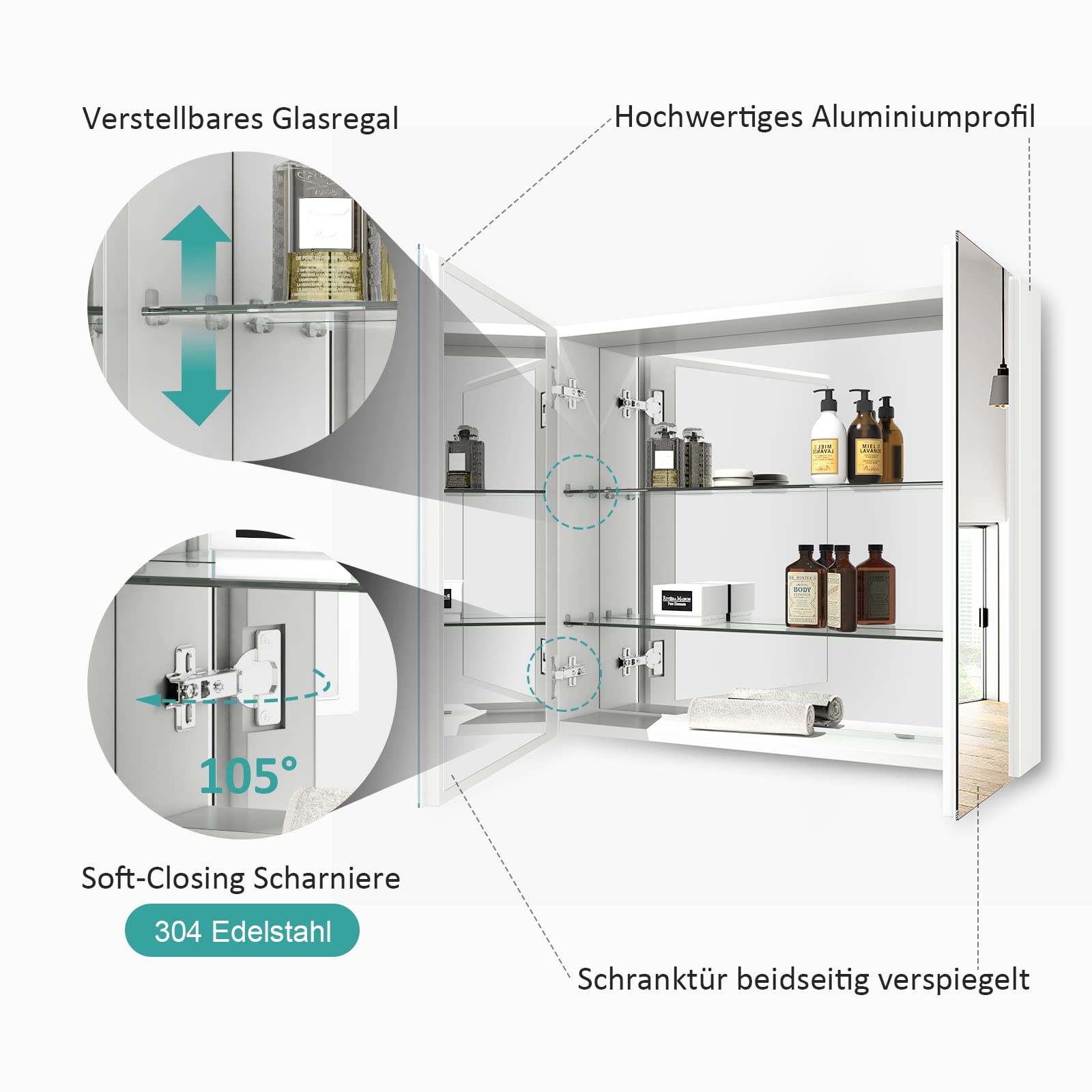 EMKE Spiegelschrank Bad, Badezimmer Spiegelschrank mit Spiegel, 75x65cm Badschrank Wandschrank mit höhenverstellbaren Glasablage (Weiß Mattiert)