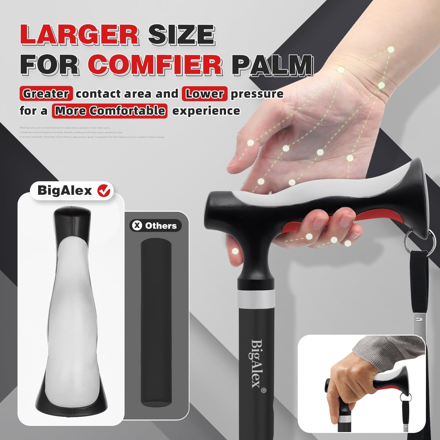 BigAlex Bastón plegable ligero con mango de TPR suave y cómodo para personas mayores y adultos mayores, mango más grande para mayor comodidad, bastón de apoyo ajustable, ayuda de viaje portátil para