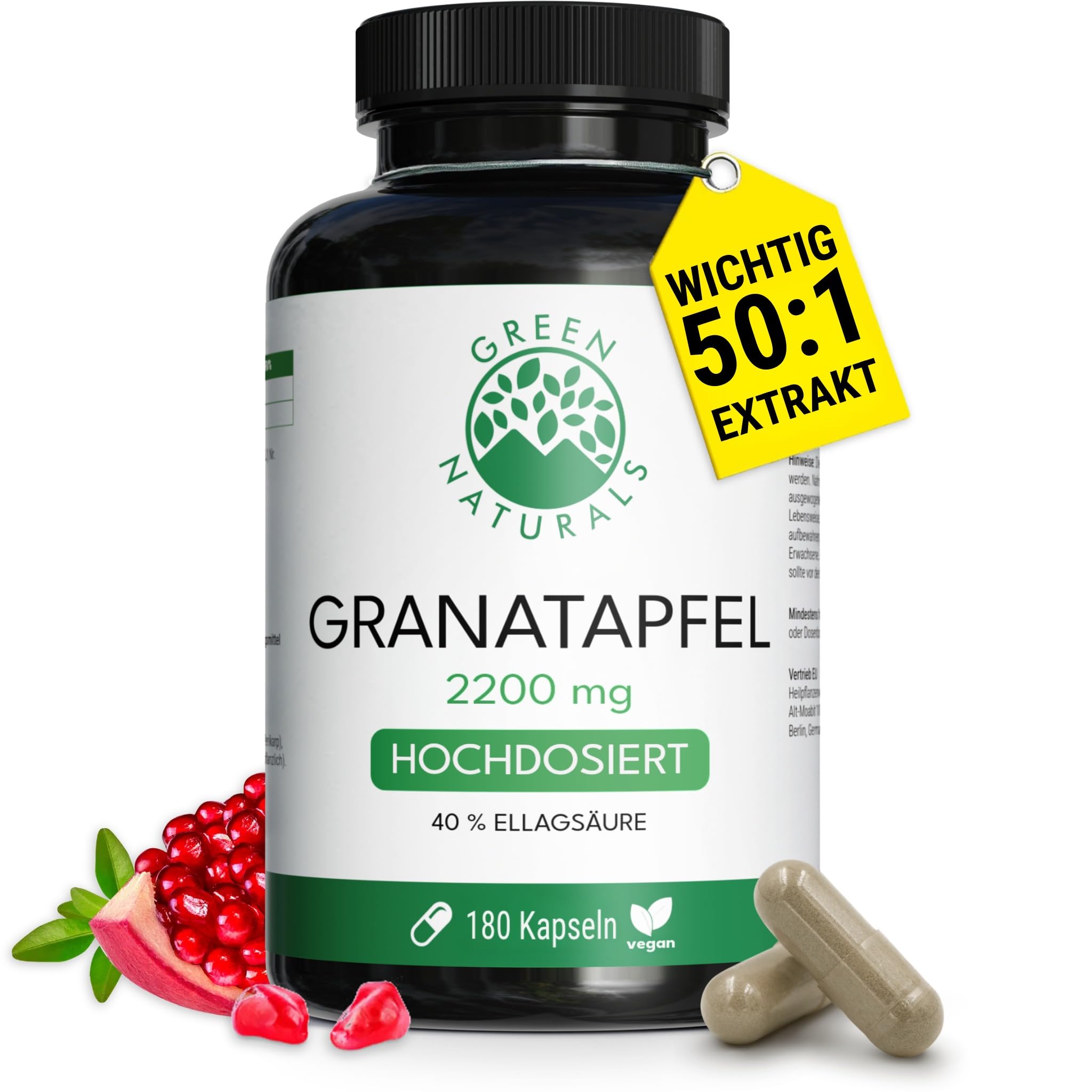 Green Naturals® Granatapfel Kapseln - Hochdosiert: 50:1 Extrakt (=110.000mg) je Tagesdosis mit 40% Ellagsäure - Polyphenole - Deutsche Herstellung - 100% Vegan & Ohne Zusätze - Vorrat für 2 Monate | 50:1 pro Tagesdosis · Entspricht 110.000 mg Granatapfel