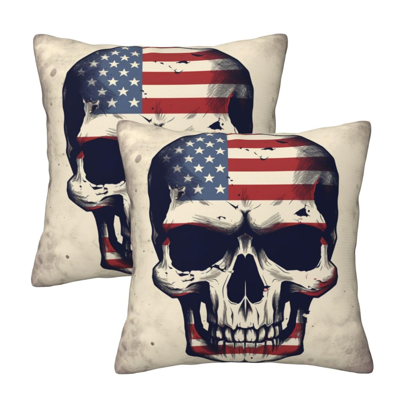American Flag Skull Throw Pillow Cases 2 Pack Square Pillowcases Soft Pillow Protectors for Couch Livingroom Sofa Bed Office Car,30x30 CM