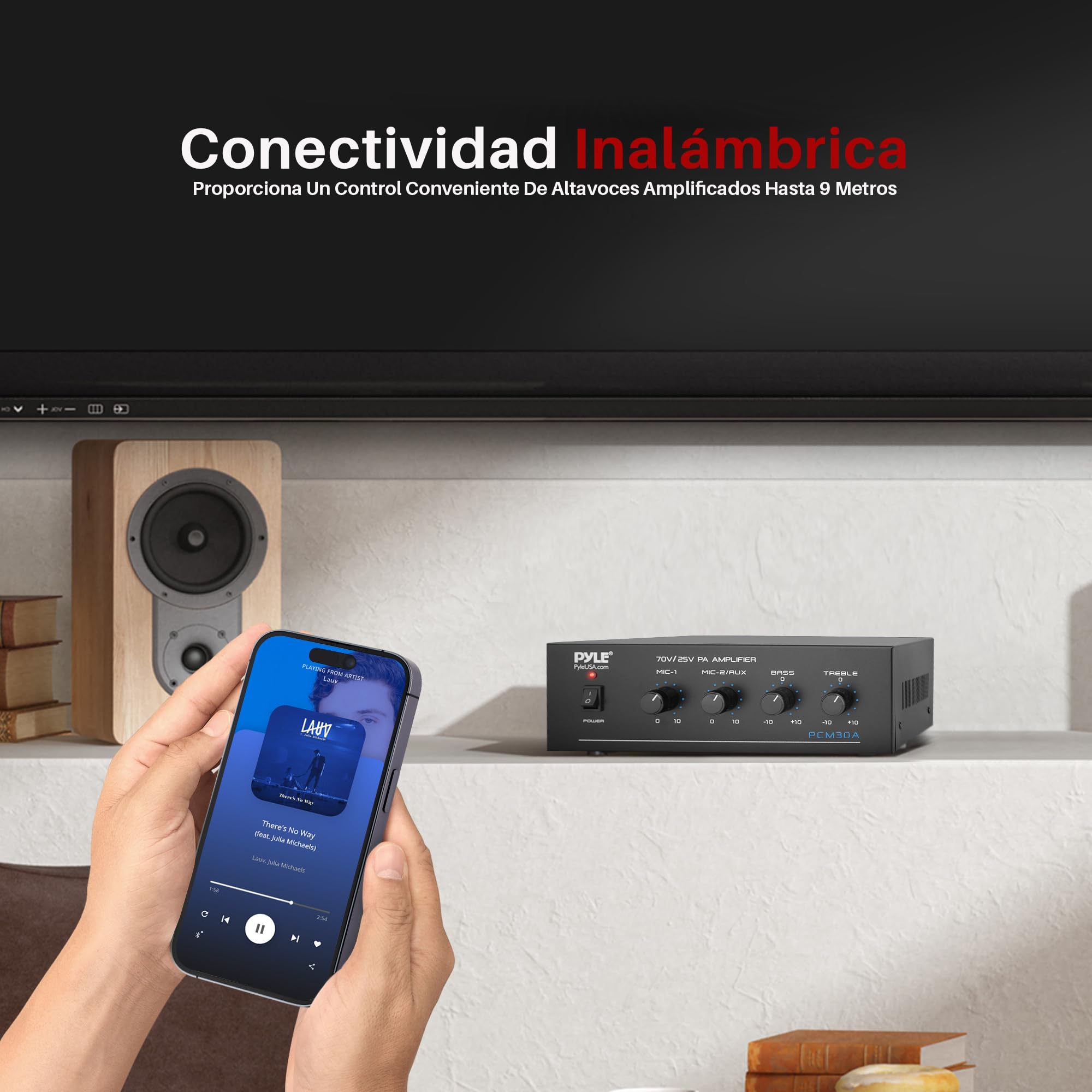Pyle mini amplificador de potencia, Compacto, Estereo, Potencia maxima de 60V, RCA, 2 entradas de microfono, Salidas de 25/70 V, LED, Selector de entrada para PA