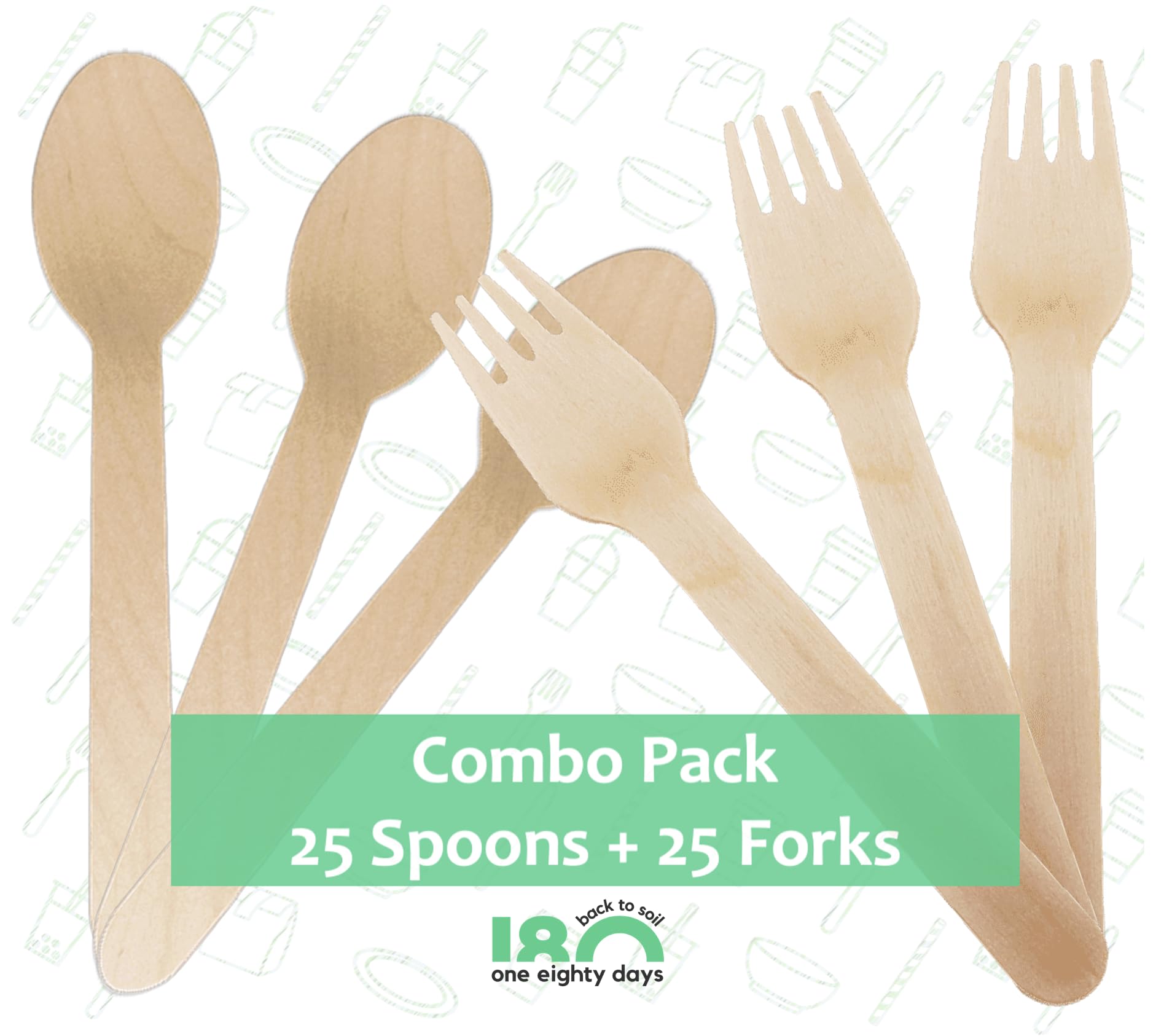 180 Days - Disposable Wooden Spoons & Forks Combo Pack | 25 Spoons + 25 Forks (160mm Length) | Biodegradable & Eco-Friendly Birchwood Cutlery | Ideal for Parties, Events and Catering 1