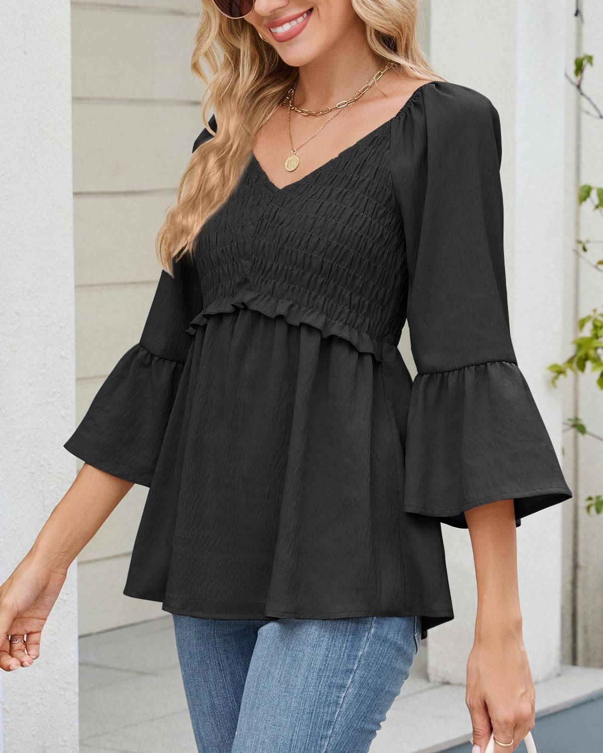 Womens Ruffle 3/4 Sleeve Babydoll Tops V Neck Peplum Blouse Smocked Loose Fit Tunic Top Bell Sleeve Dressy Tee Shirts - Image 4