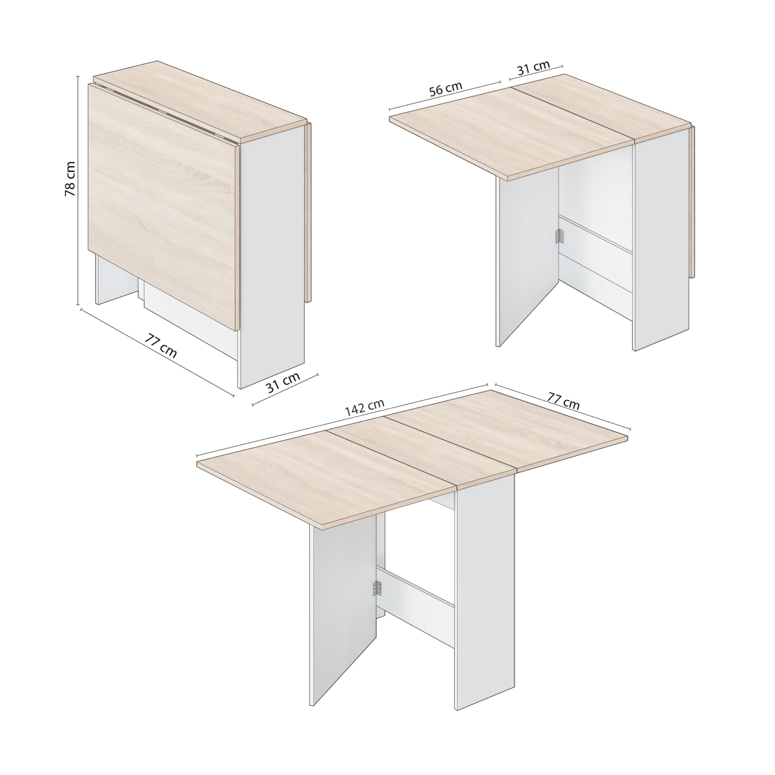 duehome | Mesa Auxiliar con Alas Abatibles, Mesa Cocina, Acabado en Color Blanco Artik y Roble Canadian, Modelo Nolix, Medidas: 77 cm (Largo) x 31-140 cm (Ancho) x 79 cm (Alto)