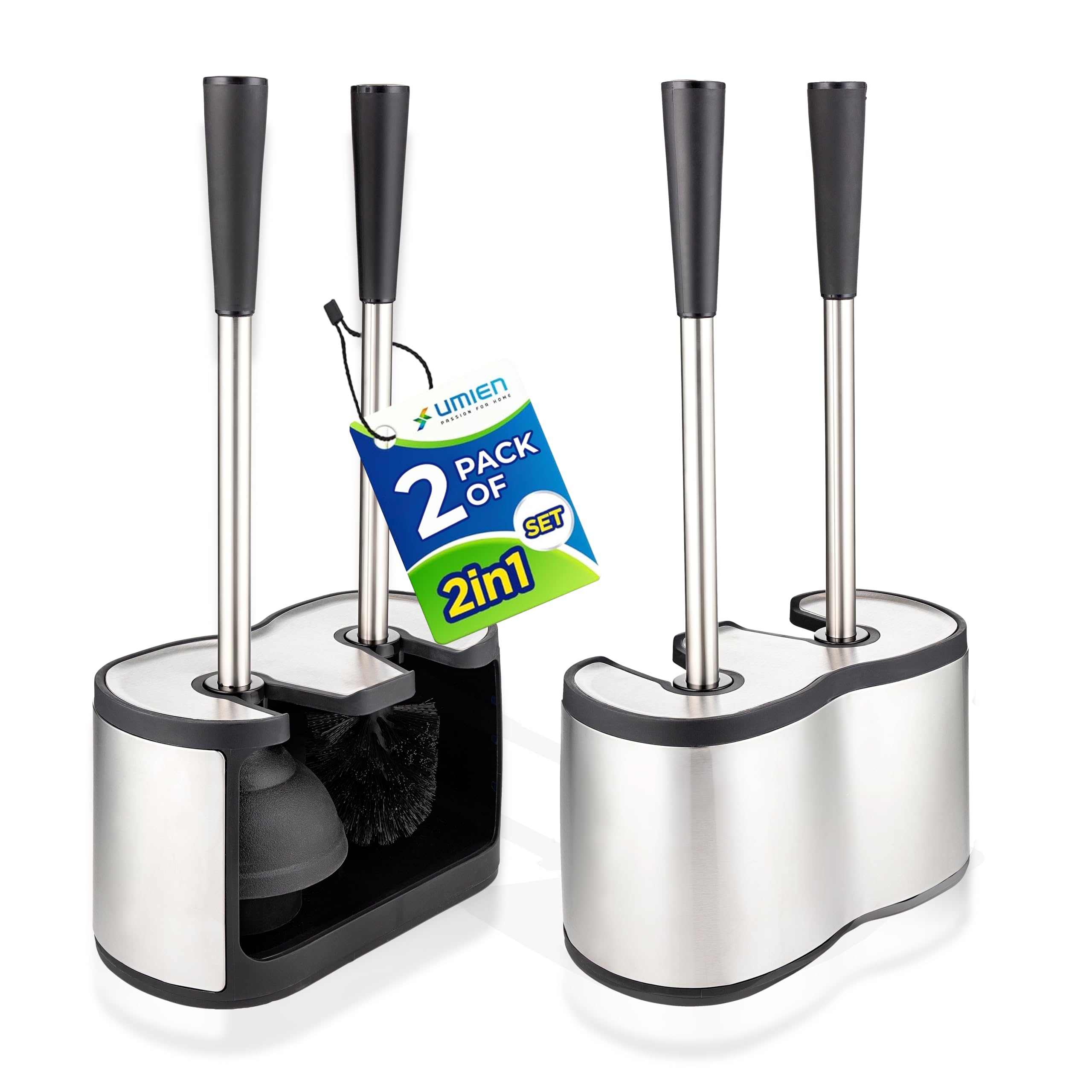 umien 2-pack toilet brush and plunger set for bathroom - toilet bowl brush plunger combo with freestanding canister - replaceable head, no-rust stainless steel, long handle - satin nickel