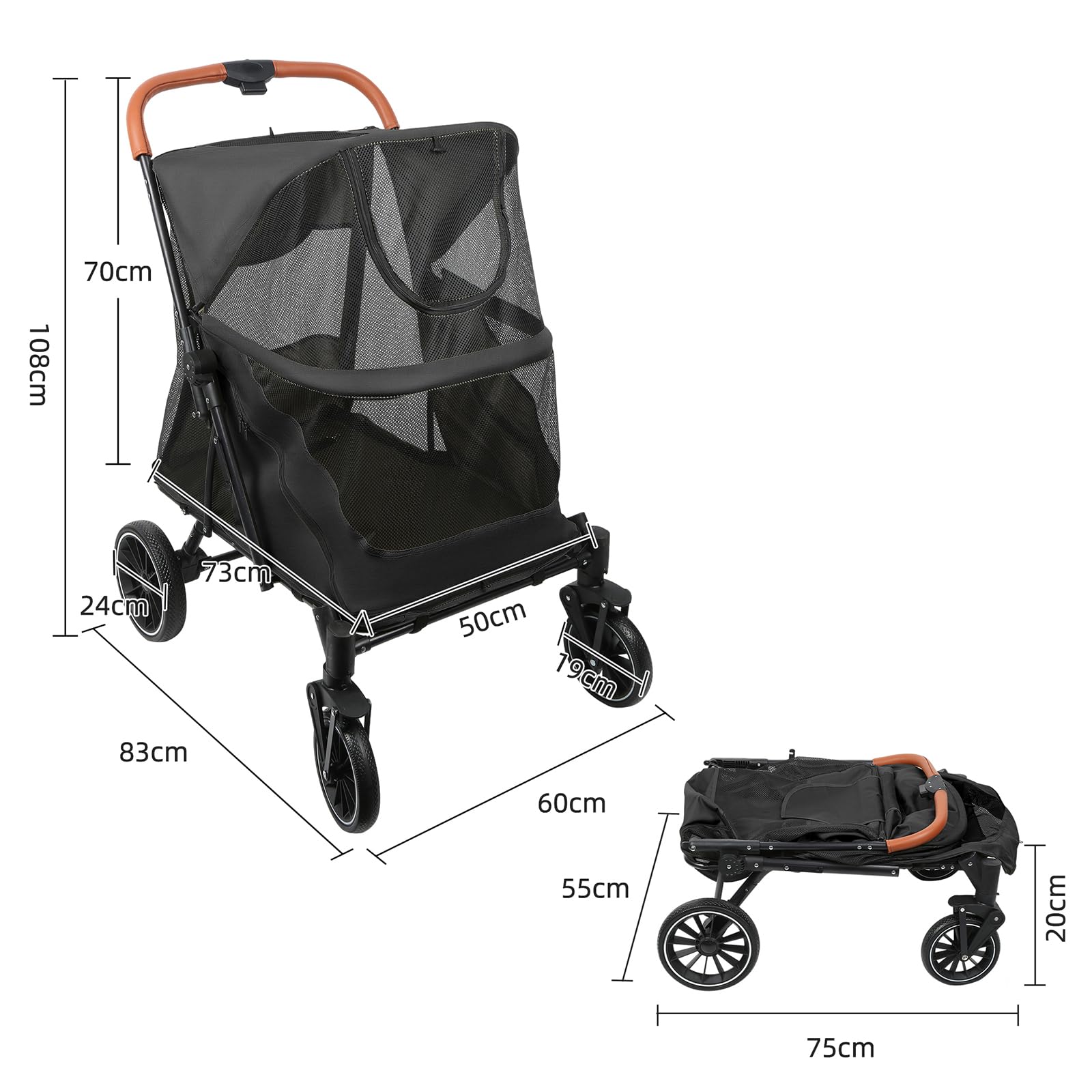 Passeggino per cani gatti, passeggino per cani, trolley per cani pieghevoli, passeggino per gatti di grandi e medie dimensioni, trolley per cani con finestra in rete, cinture di sicurezza