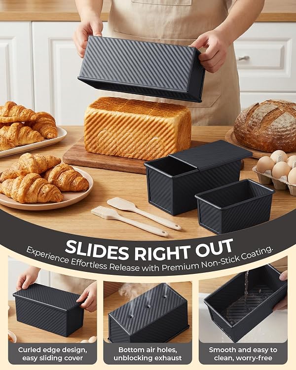 CARTMAN 3-Piece Pullman Loaf Pan with Lid Set – Non-Stick Carbon Steel Bread Pan with Bottom Vents – Includes Large (12"), Medium (8") & Mini (7") Sizes plus Silicone Tools – Classic Black by CARTMAN - Used condition - Image 4