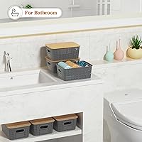 Vista 6 de Plastic Storage Baskets With Bamboo Lid - Plastic Storage Containers Stackable Storage bins: Storage Baskets for Organizing Shelves Drawers Desktop