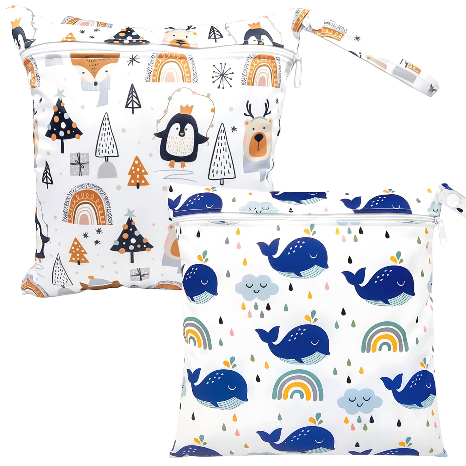 2 emballages Bourse Humide imperméable avec Fermeture éclair, réutilisable pour Articles bébé, vêtements, Gym, nage (Pingouin + Baleine)