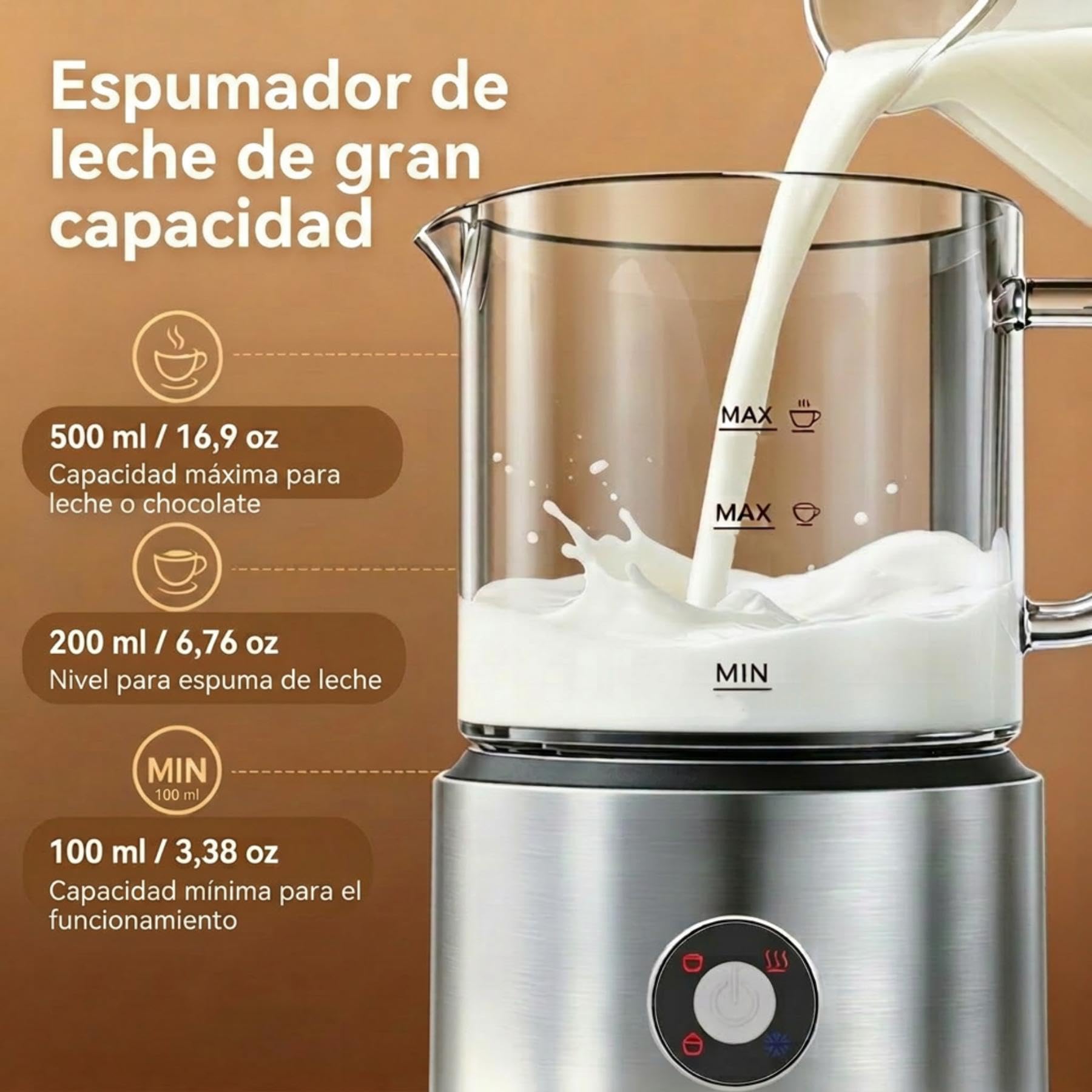Espumador de Leche 4 en 1, Calienta leche Espumador Electrico 500ml Silenciosa, Calentador de Leche Inducción Automáticas con Desmontable Vaso de Vidrio, para Capuchino, Chocolate