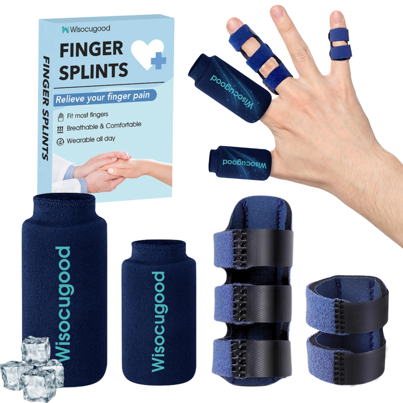 Wisocugood Trigger Finger Splint and Cold Gel Ice Pack Set, Thumb Ice Packs for Pain Relief, Finger Brace for Straightening/Arthritis, Fits Index/Middle/Ring Finger