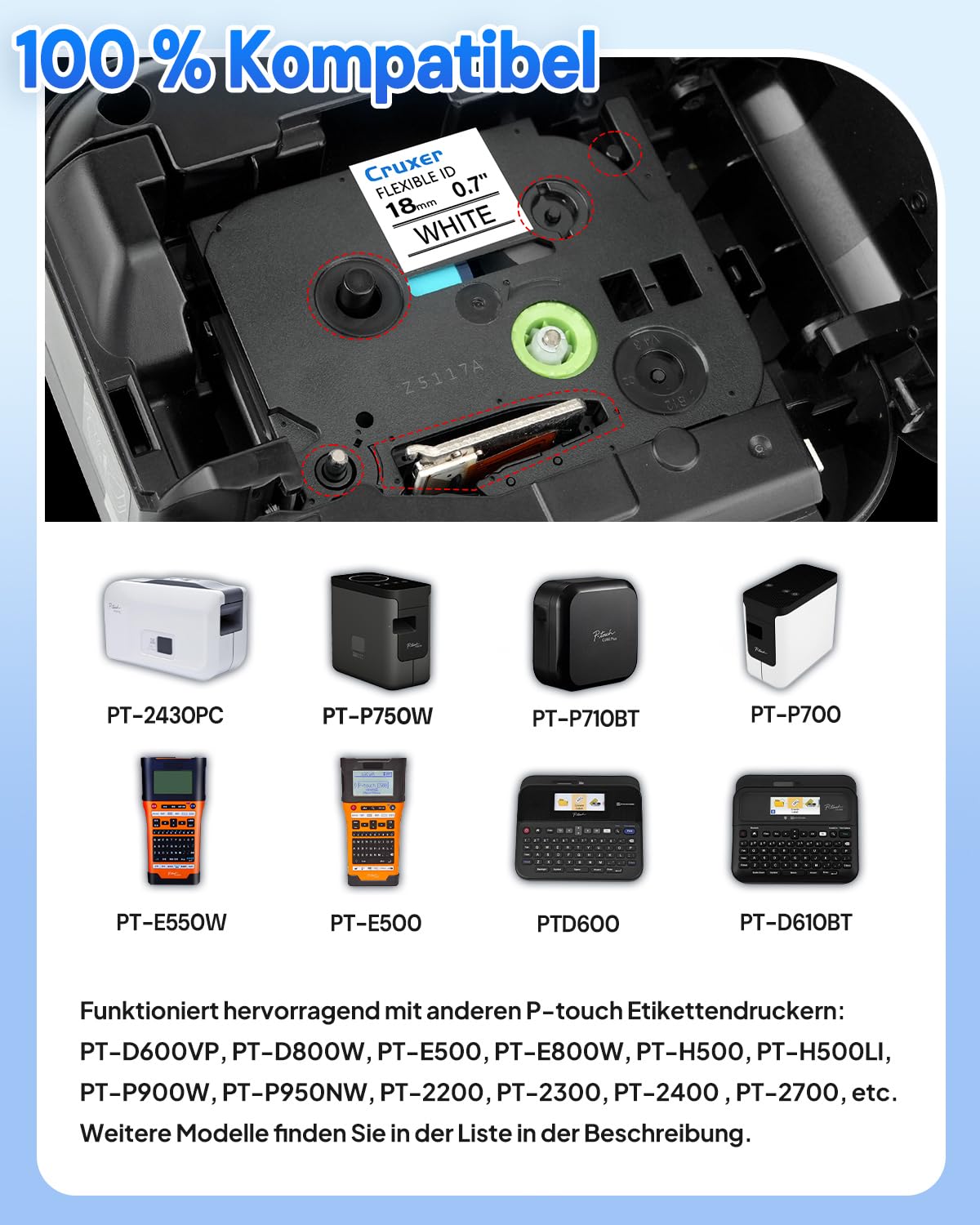 Cruxer 50er-Pack Kompatibel mit Ptouch TZeFX241 18 mm Schwarz auf Weiß | TZeFX241 Flexible ID laminiertes Etikettenband Ersatz für Ptouch PT-1300 2030 300 D400AD E500 E550W Etikettendrucker
