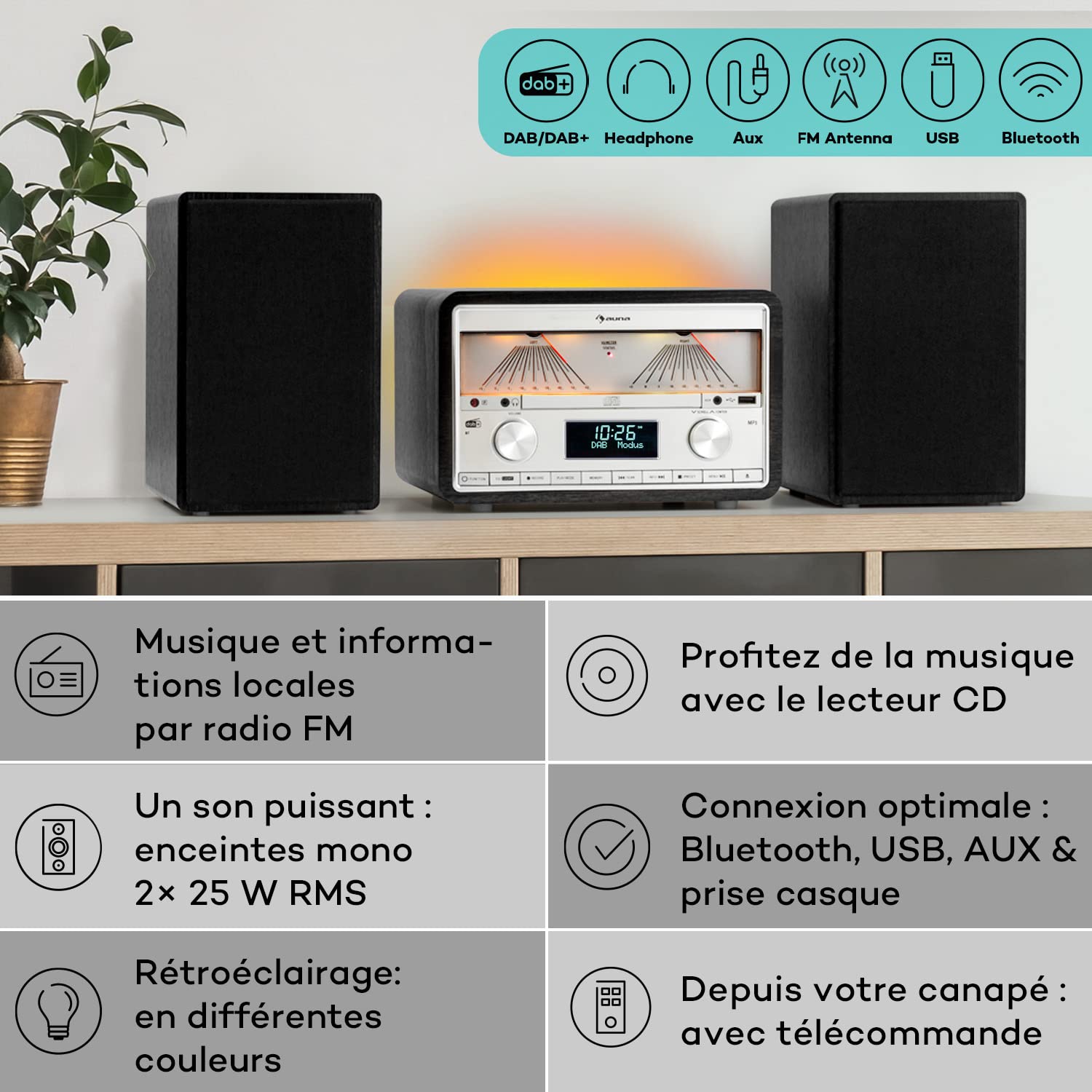 Auna Radio Portable Bluetooth, Poste Radio Numérique Dab/Dab+/FM/Streaming, Puissante de 25W avec Hauts-parleurs Stéréo Détachables, Écran LCD, Télécommande, MP3, Port USB, Alimentation Secteur