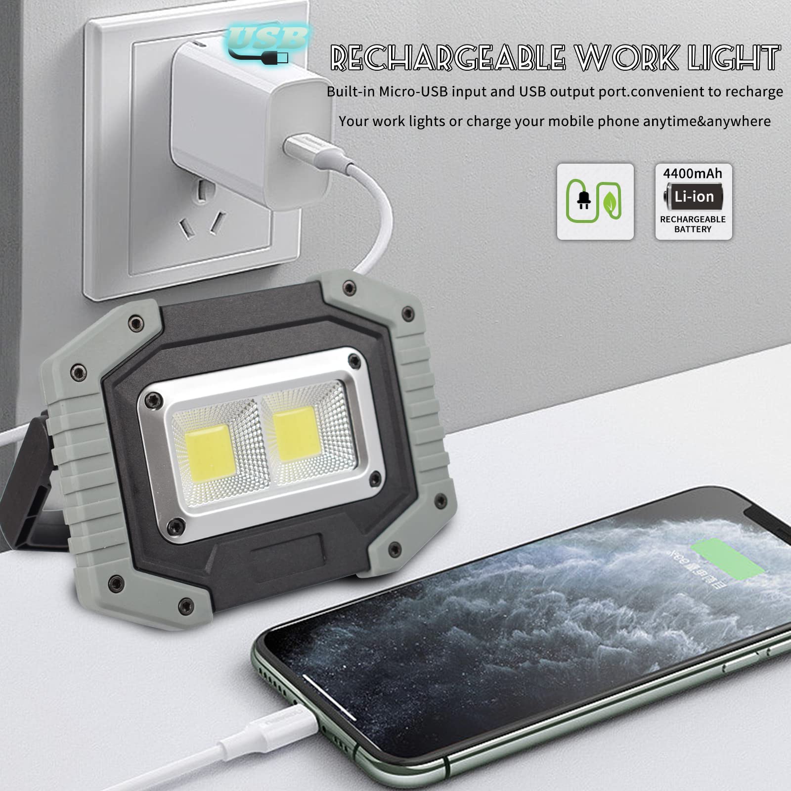OTYTY LED-Arbeitsleuchte, 30 W, 1500 lm, tragbar, wiederaufladbar, Flutlicht mit Magnetfuß, 4200 mAh Akku für Camping und Autoreparaturen (W840 Grau), 2 Stück