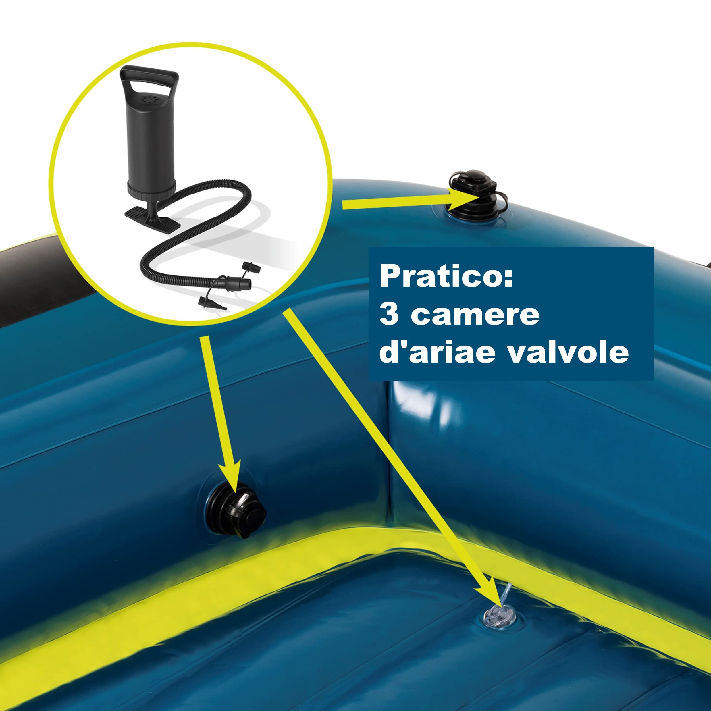 Hoberg Gommoni per imbarcazioni 2 posti / 4 posti | Adatto per 2 o 4 persone | Con 2 panche, 2 pagaie, pompa, kit di riparazione, 2 supporti per la pesca, sacca asciutta e altri accessori [blu/giallo]