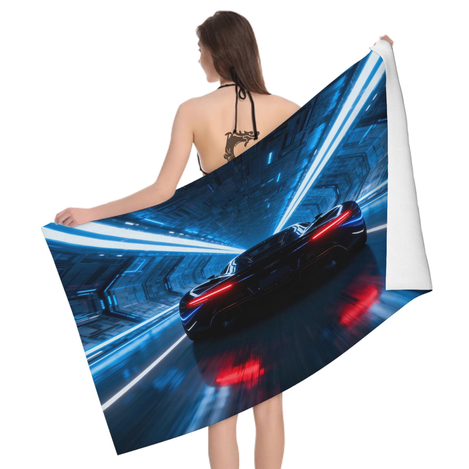 Leichong 3D Printed Sports Car Beach Towel Large Microfiber Soft Quick Dry for Adults, Cyberpunk Bath Towel Lightweight Soft Absorbent for Travel Swimming Pool Sports, 180 x 90 cm