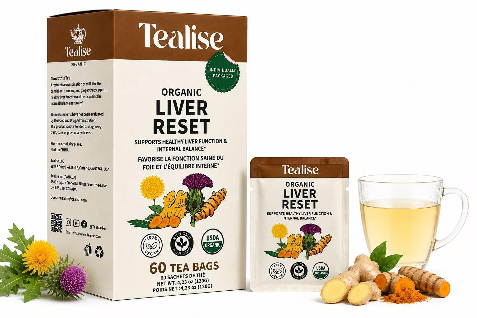 Tealise Organic LiverReset with Milk Thistle Seeds Dandelion Turmeric Root Ginger Root 60 Servings Plant-Based Tea Bags with individual wrap – Caffeine Free Liver Reset