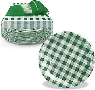 105 Pcs Dark Green Gingham Party Supplies Include 7 Inch Disposable Dark Green Dessert Paper Plates and Napkins for Wedding Baby Shower Birthday Party