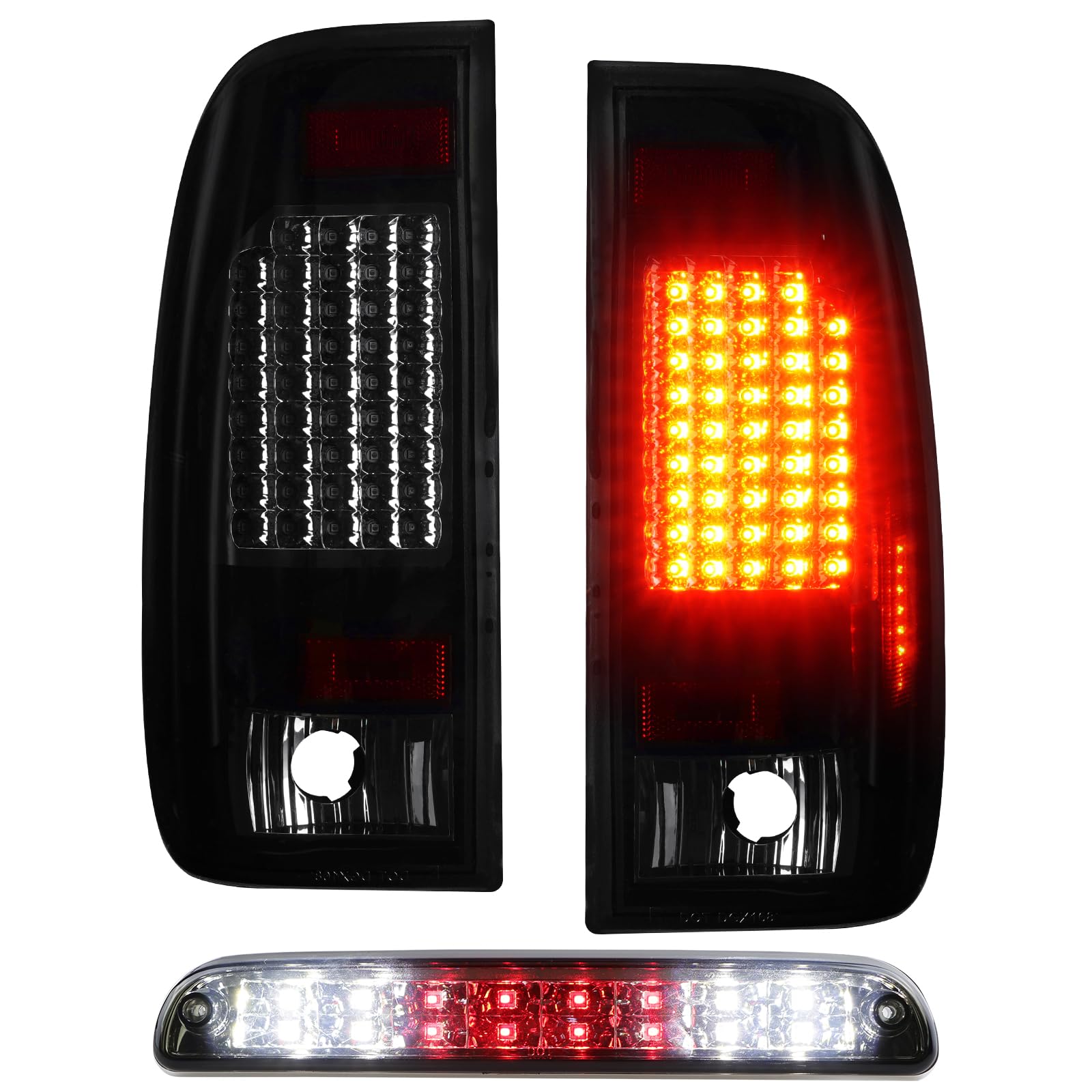 Photo 1 of (3 Pack) LED Tail Light Assembly + 3rd Brake Light Fit For 1999-2007 Ford F250 F350 F450 F550 Super Duty Styleside, Taillights w/High Mount Stop Light Smoke Lens Only Fit Factory Incandescent Models