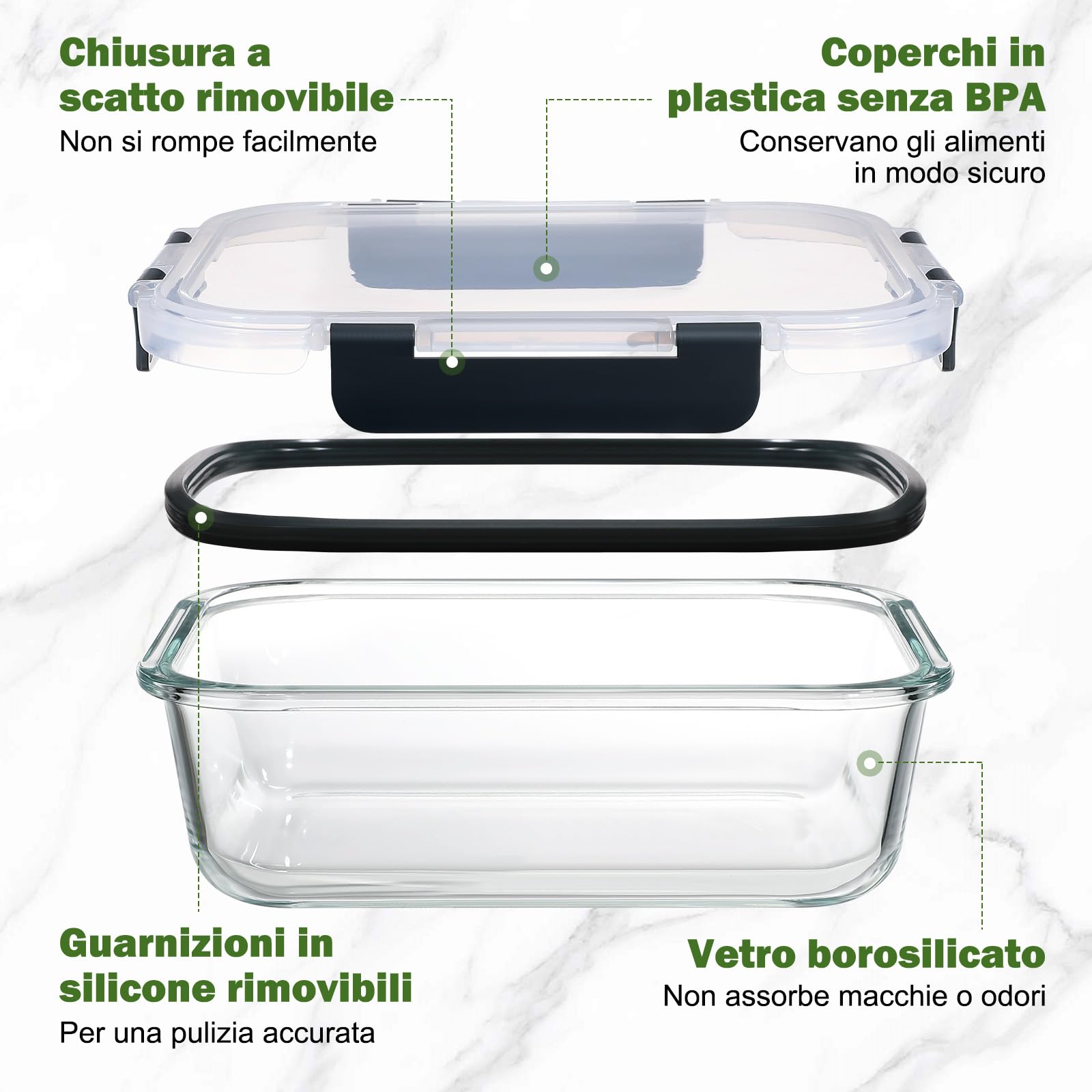 YASHE Set 12 Contenitori Vetro per Alimenti con Coperchi Ermetici, Senza BPA, Adatti a Microonde, Forno, Frigo e Congelatore, per Meal Prep, Nero