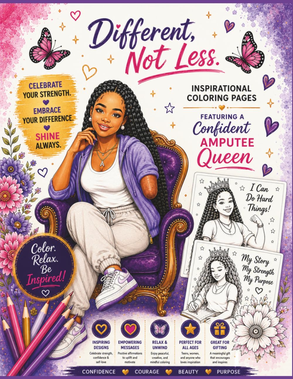 Different, Not Less: Inspirational Coloring Pages Featuring a Confident Amputee Queen