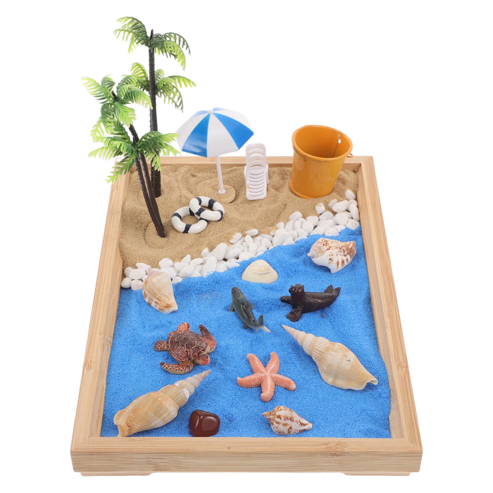 Mini Jardín Zen de Arena Japonés para Escritorio 28x19x2.5 Cm, Caja de Arena Decorativa Tema de Playa Oceánica, Micropaisaje Creativo para Decoración del Hogar y Oficina