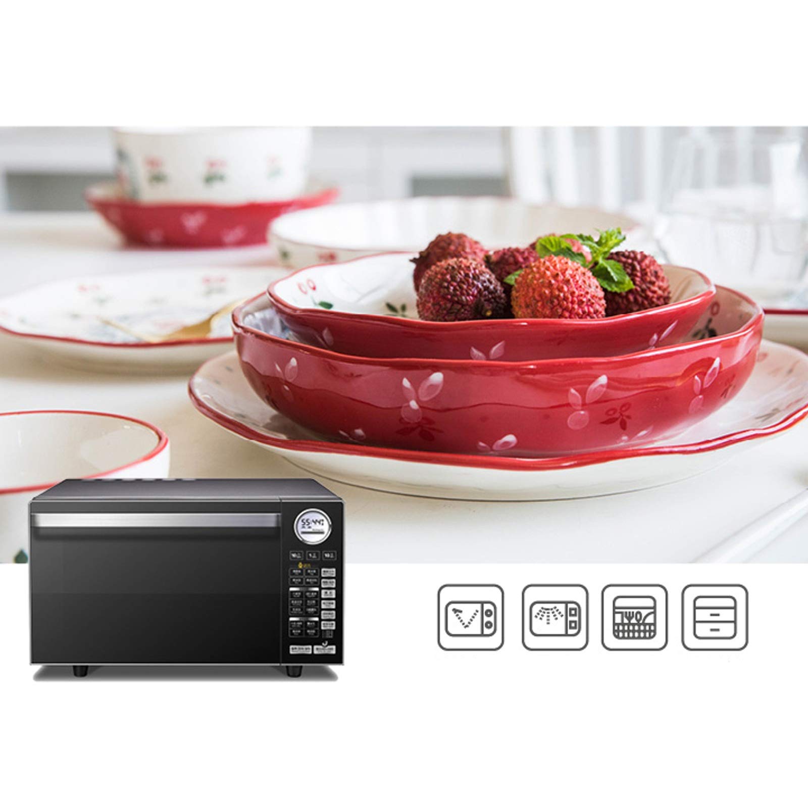 Bellissimo Set di stoviglie da Cucina da 8 Pezzi, Servizio per 2 Set di Piatti Piani con Motivo Ciliegia, Set di Piatti in Ceramica Carini, Piatti Lavabili in microonde e lavastov
