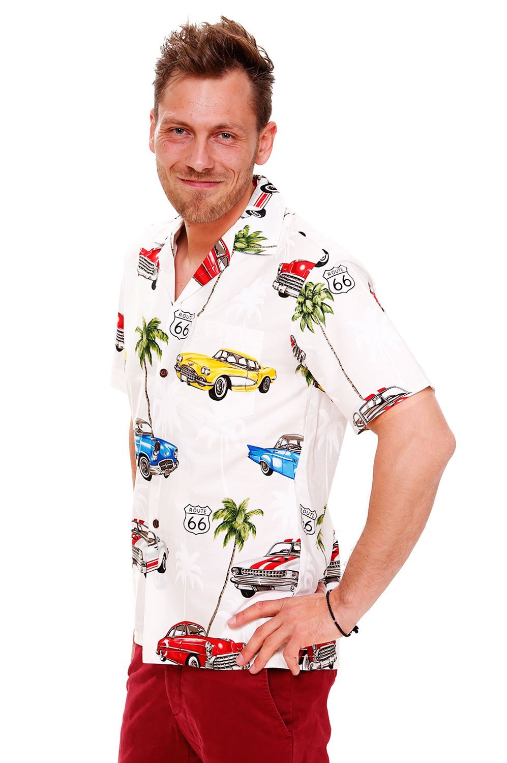 P.L.A. | Original Camicia Hawaiana | Signori | S - 4XL | Maniche Corte | Tasca Frontale | Hawaii Stampa | Macchina | Bianco