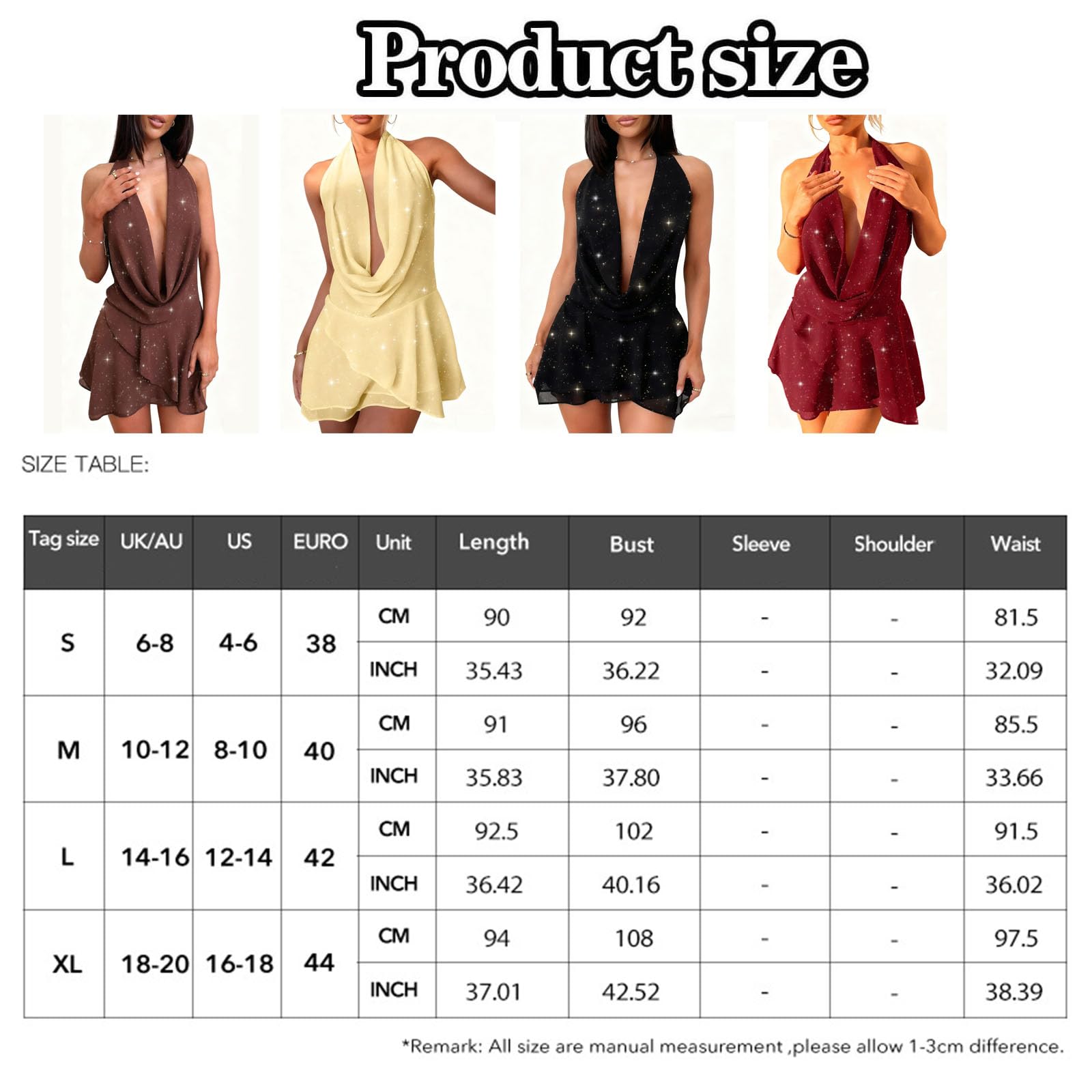 Abito Mini Donna Senza Maniche Halter con Paillettes, Volant, Scollo Profondo, Schiena Scoperta Elegante Estivo Elasticizzato Vestito Corto Aderente,002,S