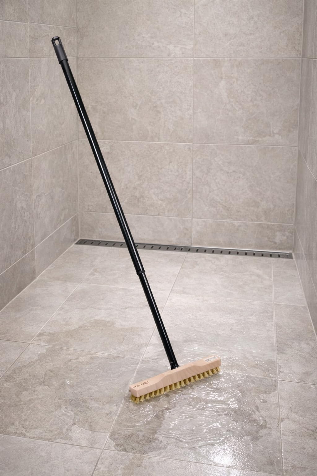 BawiTec Schrubber, Rheinischer Wischer, 28cm Breit, mit Metall-Teleskopstiel, Bodenschrubber, Schmale Form, Buchenholzkörper, MyprenFibre-Borsten, Haushaltsschrubber für Innen- und Außenbereich