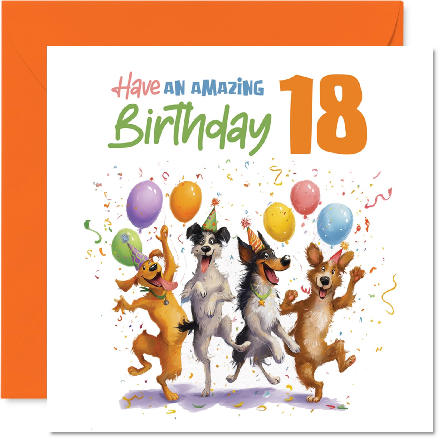 Playful 18th Birthday Card - Balloons, Confetti and Dogs Galore - Colourful Canine Celebration for a Milestone Moment - 145mm Square, Envelope Included