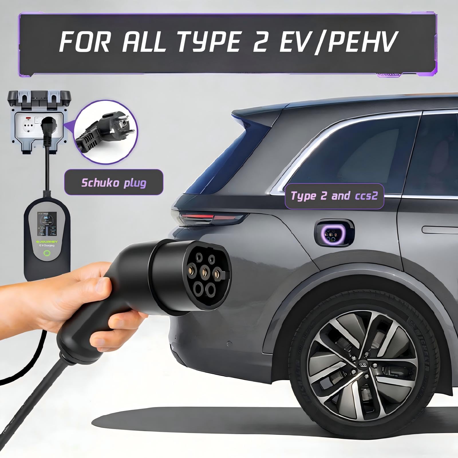 Ladekabel Elektroauto Typ 2 Schuko 5M【8-13A,1-phasig】 Tragbares EV Ladekabel Typ 2 Schuko Ladegerät EV Charger 3kW mit Steuerbarer Digitalanzeige Kompatibel mit Allen PHEVs/EVs