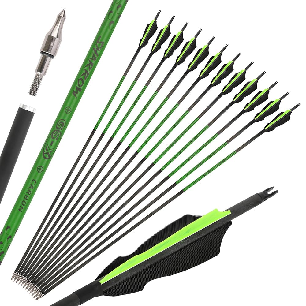 Lot de 6/12 flèches en Carbone Pur 80 cm, raideur 300 à 800 avec Plumes Naturelles, pour Arc Classique et Arc à poulies, Chasse et entraînement sur Cible