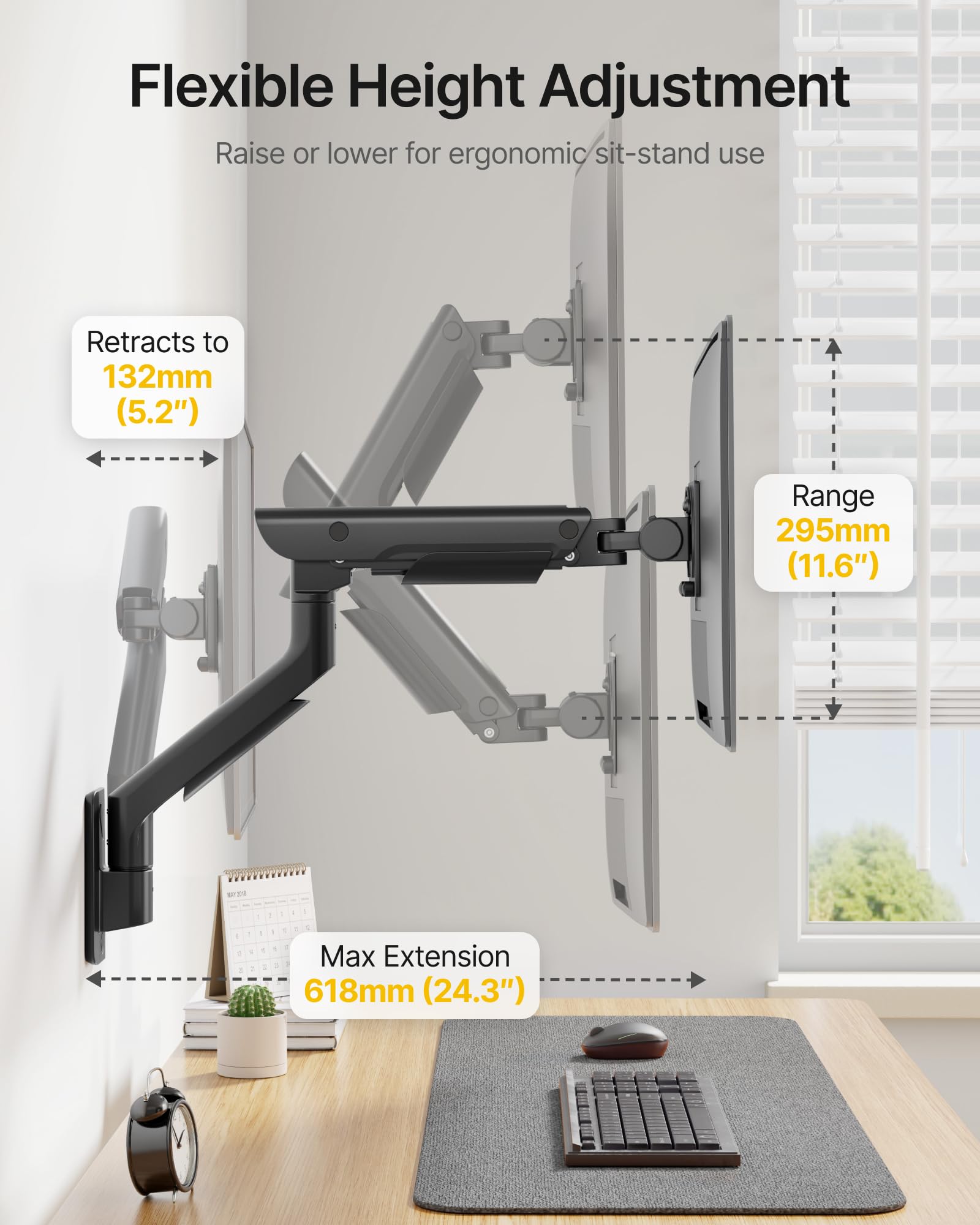 monTEK Support mural simple pour écrans ultra larges de 17 à 57" jusqu'à 27 kg, bras de moniteur à ressort à gaz en aluminium robuste avec réglage de la hauteur, inclinaison/pivotant/levage