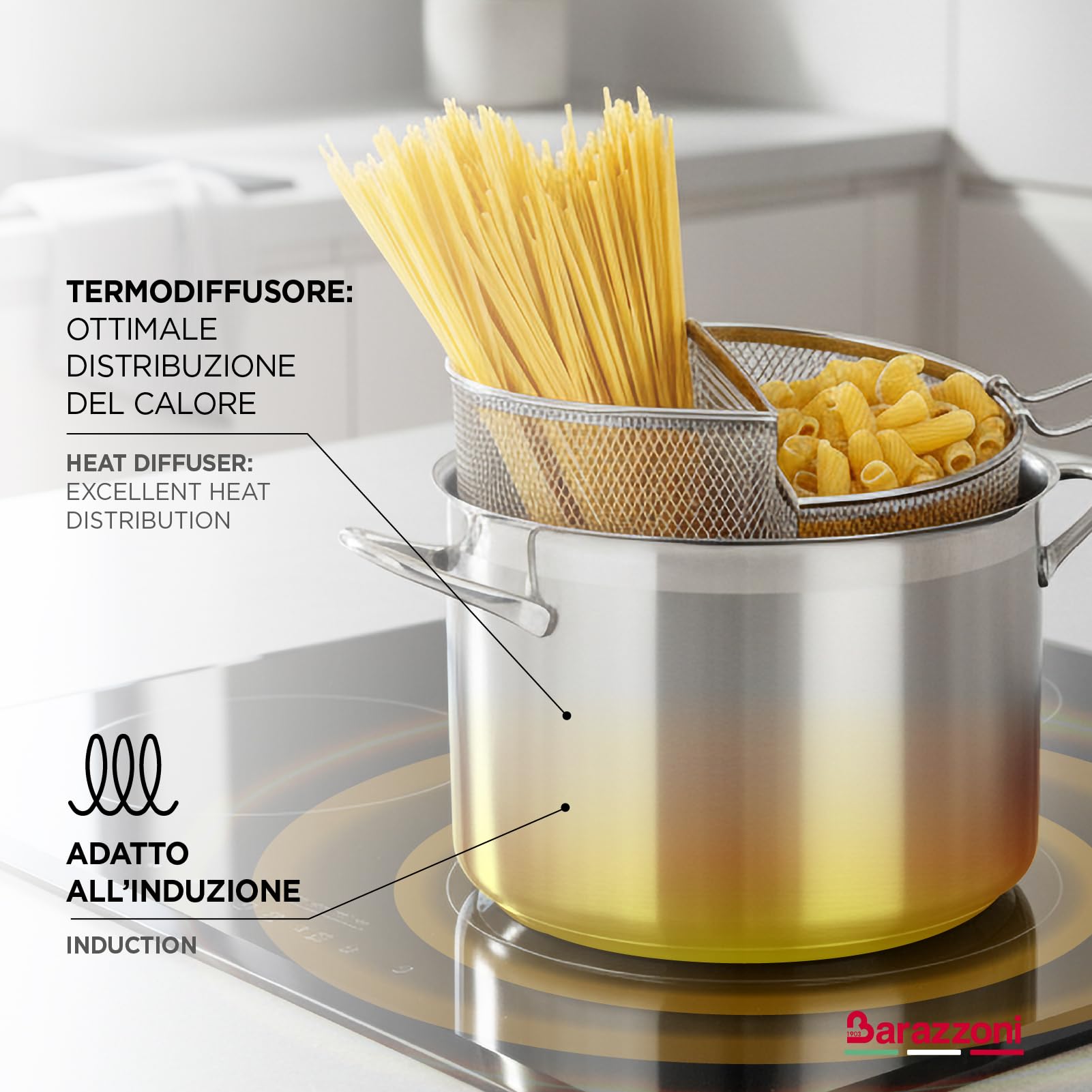 Barazzoni Chef Line Spaghettiere Pasta Cooker Pot, Diameter 22cm, 18/10 Stainless Steel Made in Italy