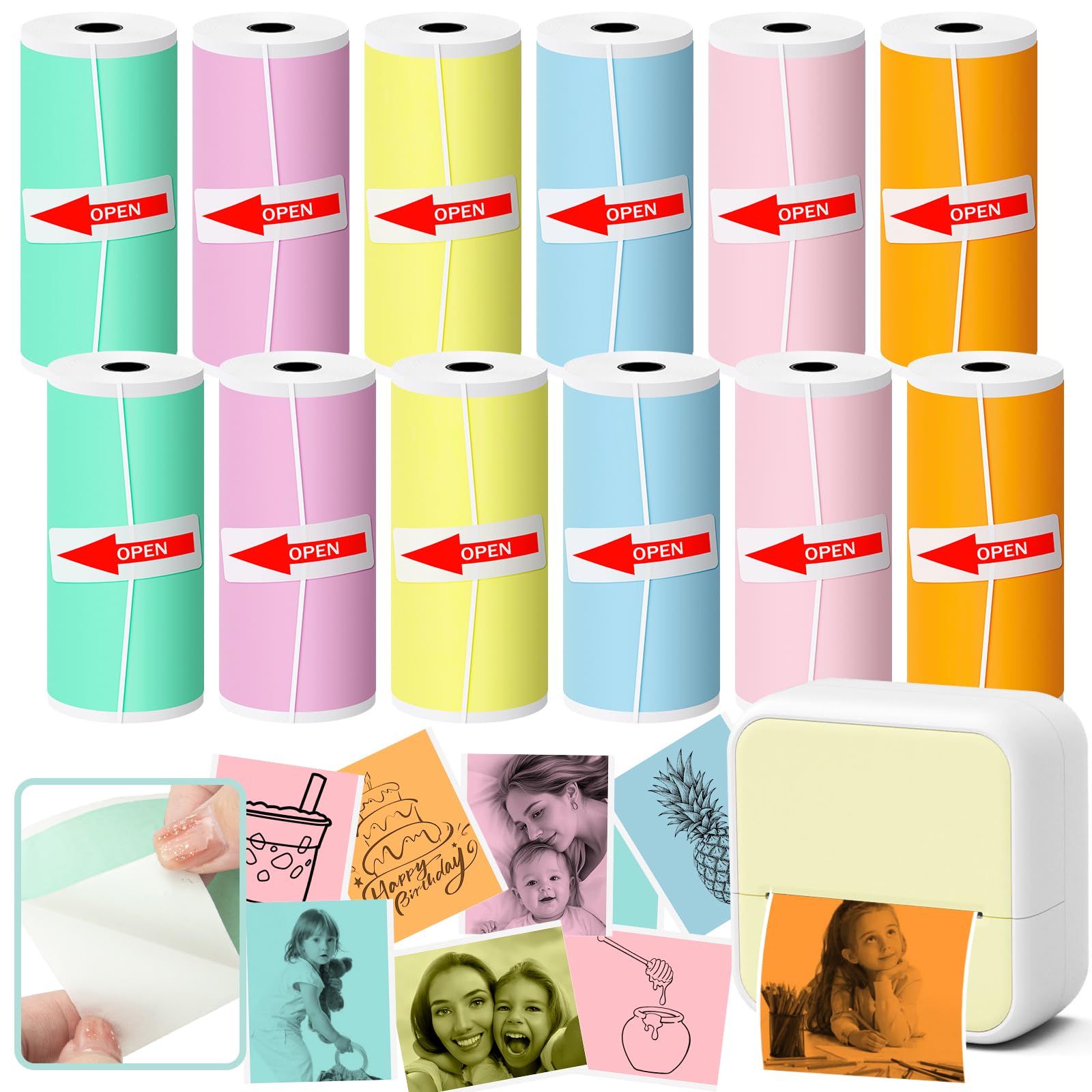 Papier do mini naklejek do drukarki termicznej, 12 rolek kolorowych naklejek termicznych, papier do natychmiastowego uzupełniania aparatu fotograficznego, papier termiczny Atnadov HD, dla większości