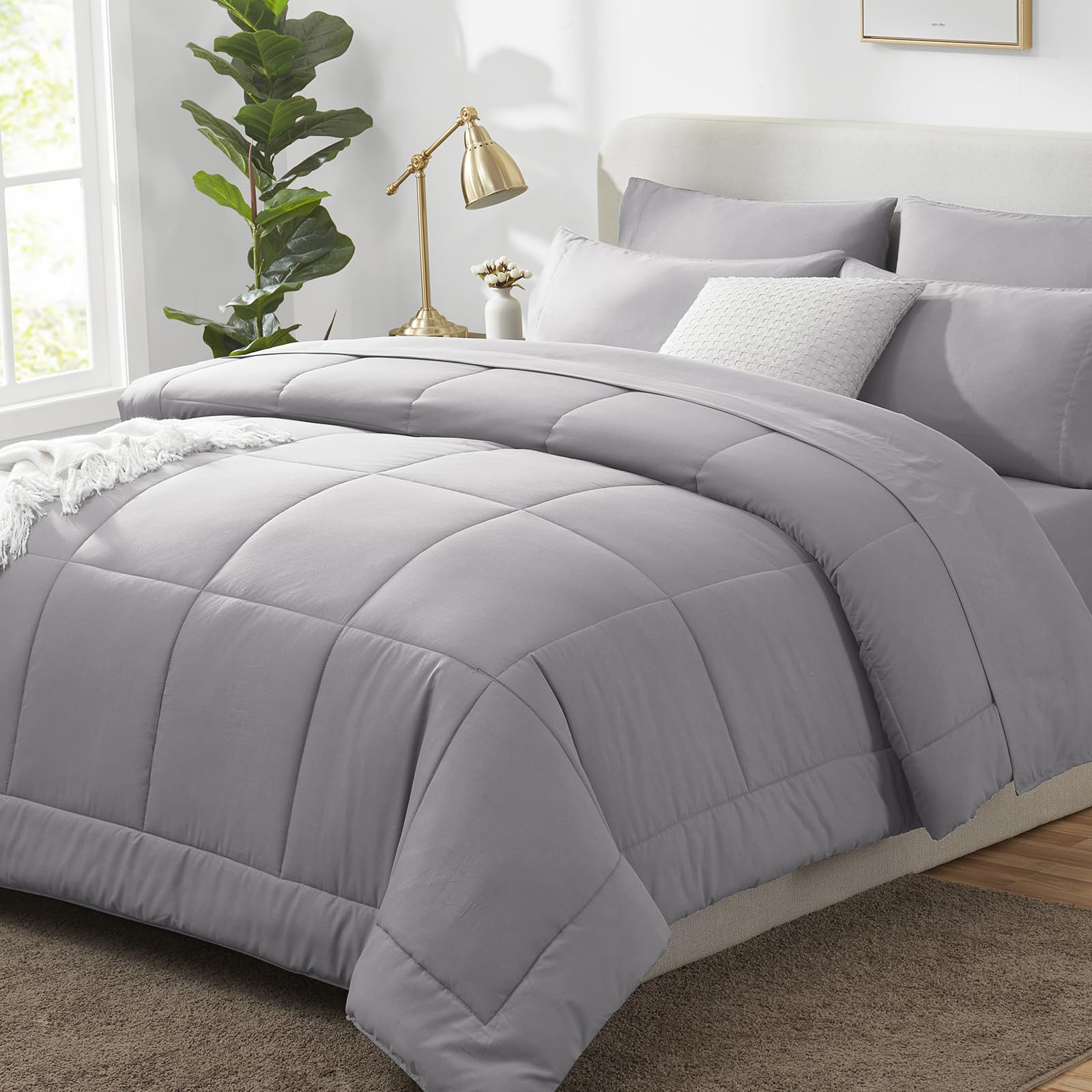 CozyLux Queen Comforter Set Grey, 7 Pieces Bed in a Bag, Gray Comforter Queen Size, All Season Bedding Sets with Stitch Quilted Comforter, Flat Sheet, Fitted Sheet, Pillowcases