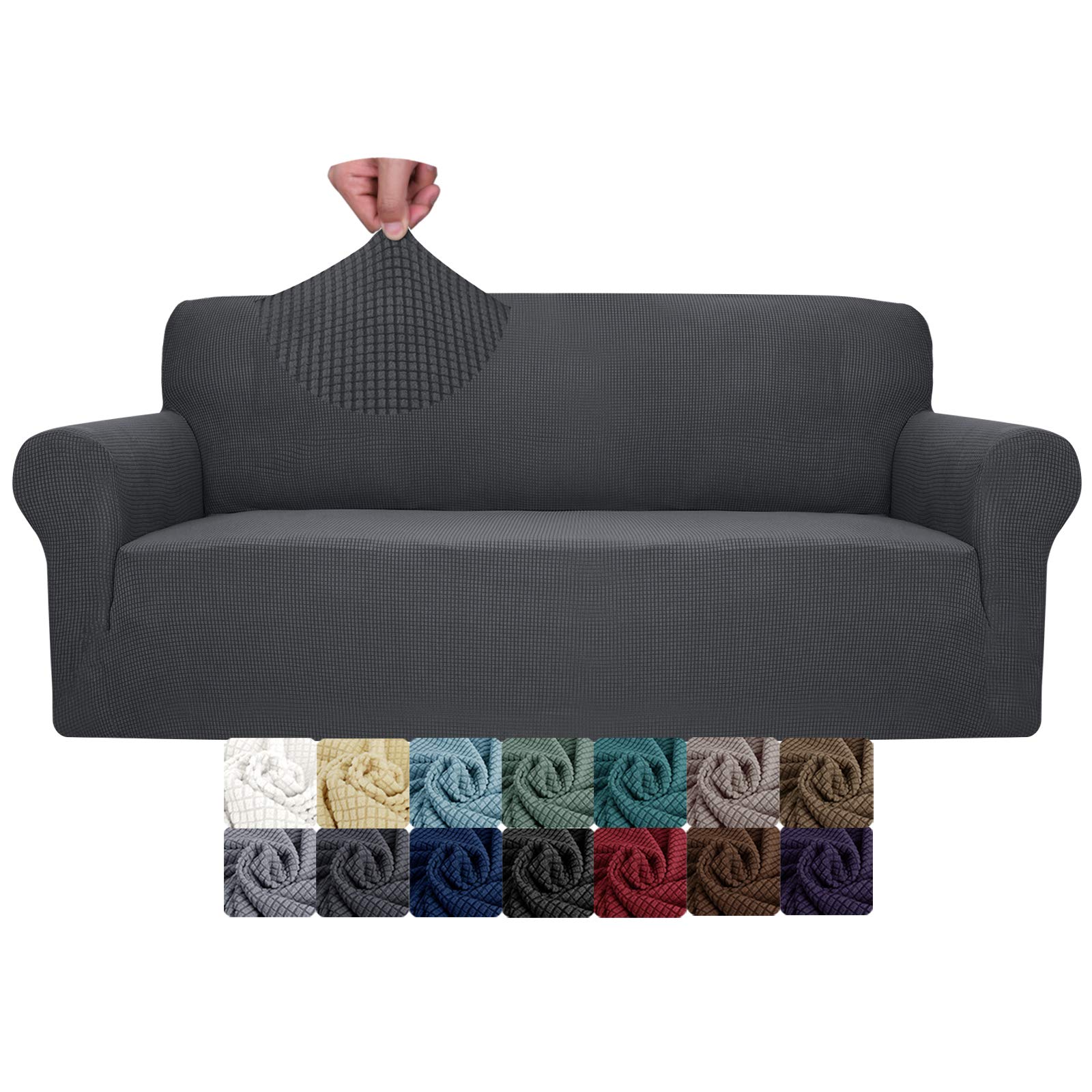 JIVINER High Stretch Loveseat Sofa Slipcovers 1-Piece Jacquard Couch Covers for 2 Cushion Couch Furniture Protector Washable Sofa Covers for Kids Pets Small Checks (Loveseat, Grey)