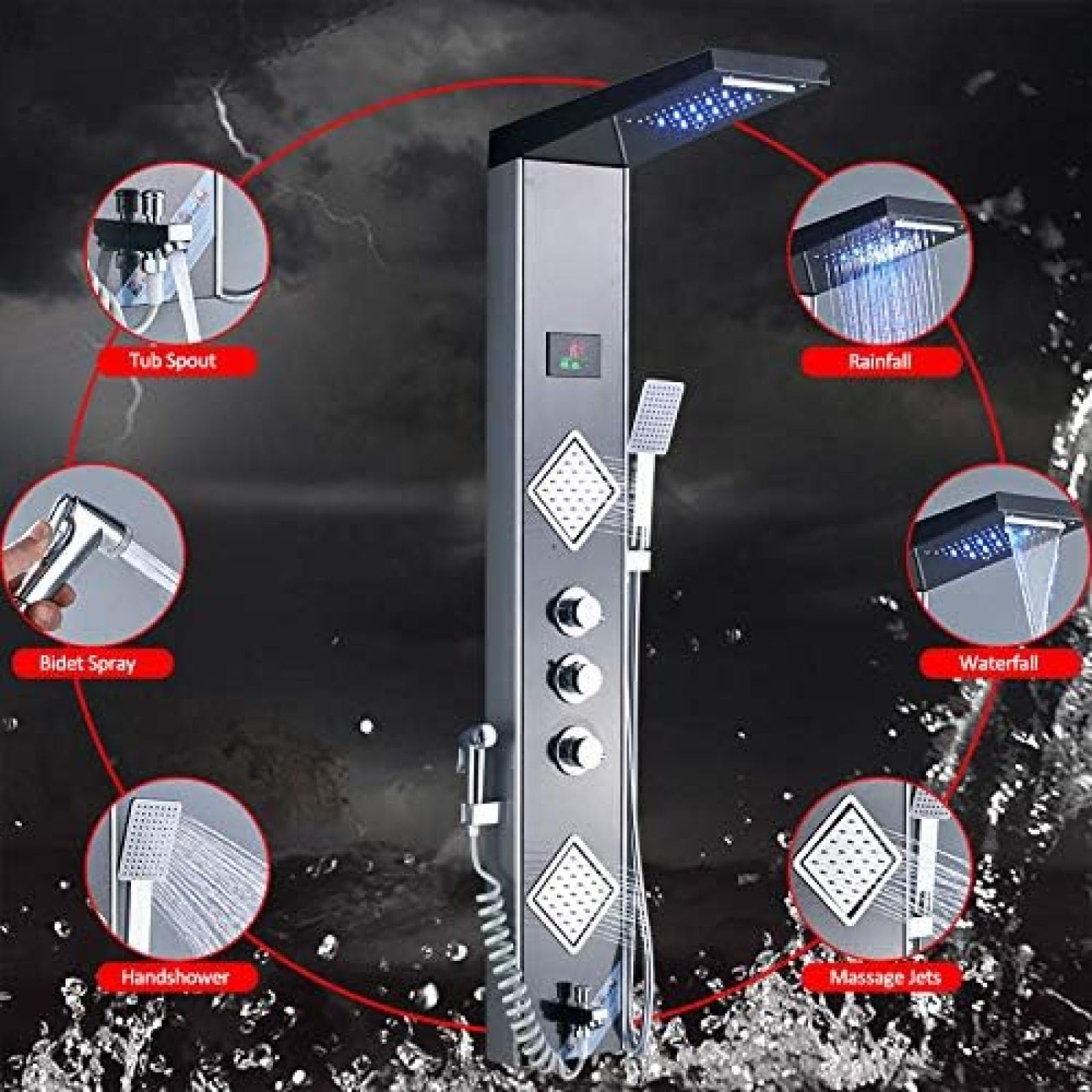 VASDEV Panel para Ducha LED Negro y Gris, Columna de Lluvia, Cascada, Cabezal de Ducha, Pantalla Digital, Temperatura, 3 manijas, Grifo Mezclador, pulverizador, Ducha de bidé