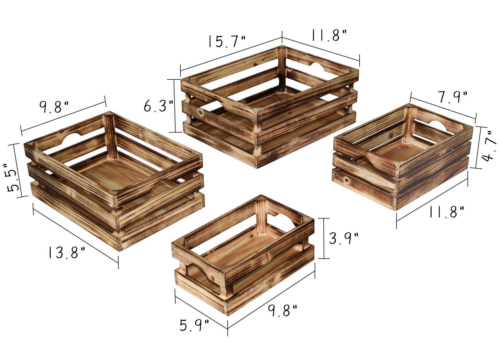 JUMBO HUMBLE Large Torched Wood Storage Crates Decorative, Set of 4 Nesting Wooden Crates for Display Rustic, Farmhouse Wooden Storage Container Boxes Made from 100% Wood