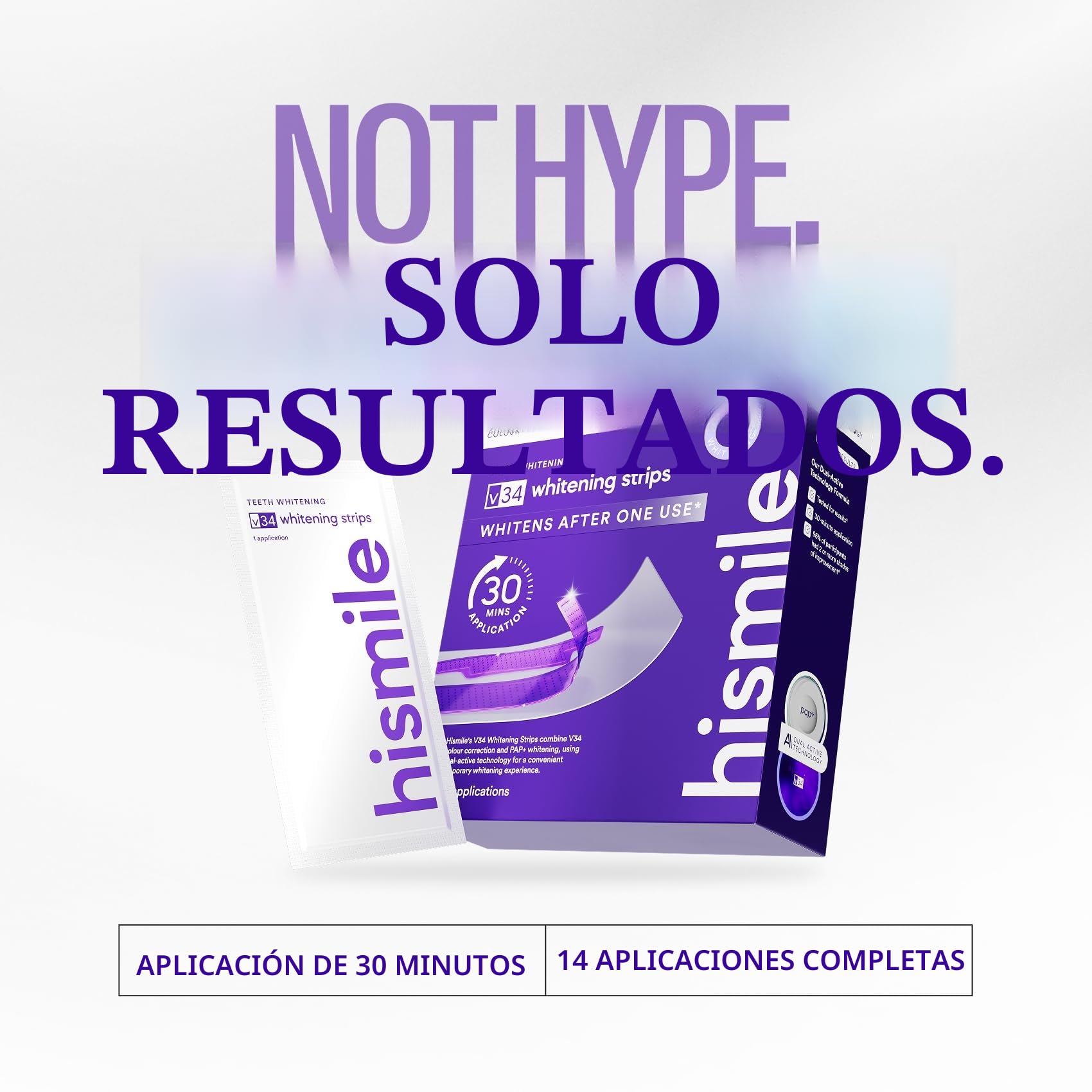 Hismile V34 Tiras blanqueadoras, blanqueamiento dental, blanqueamiento dental morado, tratamiento de manchas dentales, 14 unidades (paquete de 14)