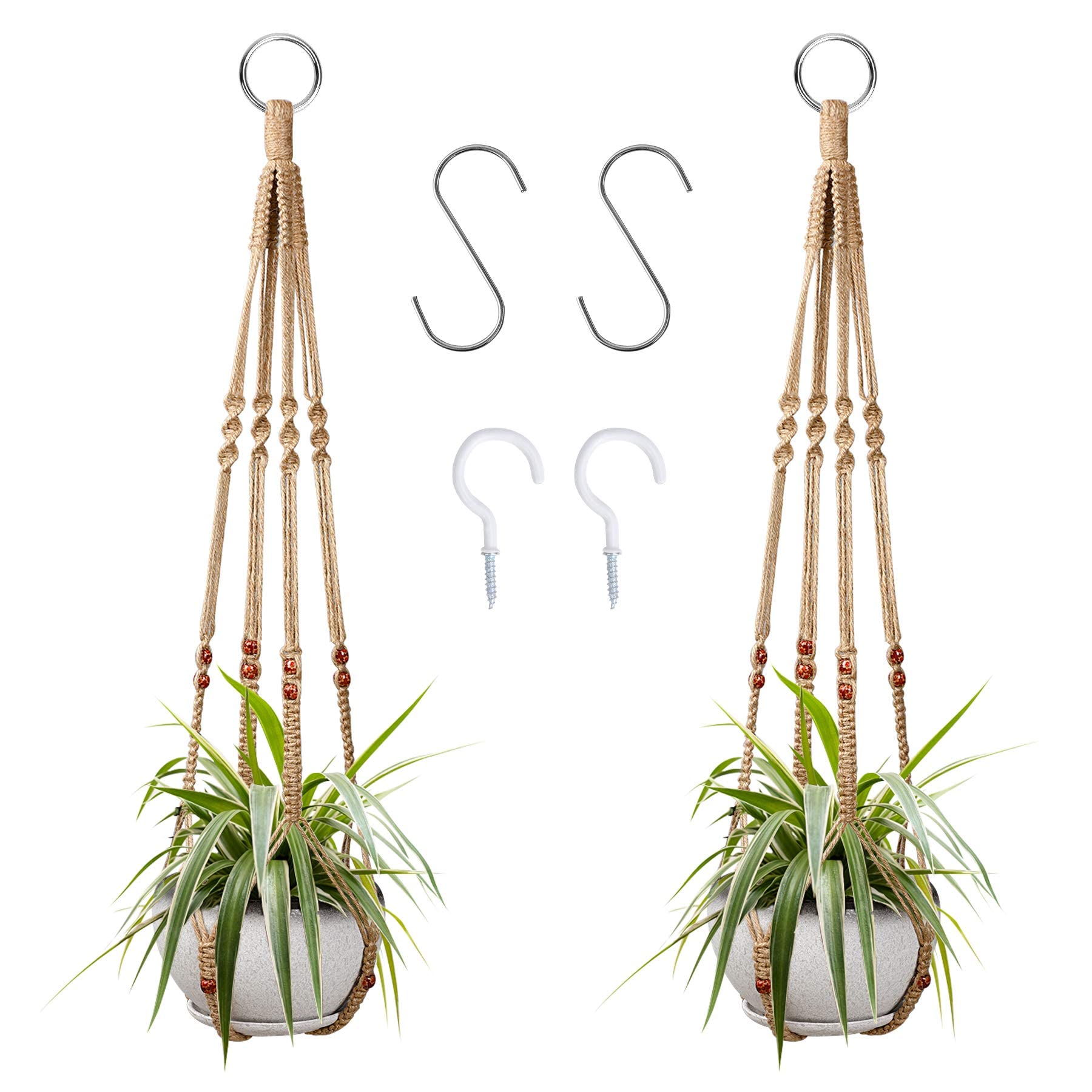 BIGTHREE Macrame Plant Hangers with 4 Hooks, 2 Pack Handmade Cotton Rope Hanging Planters Set, Plant Holder, Flower Pots Holder Stand for Indoor Outdoor Home Decor ((Brown, 35 Inch))