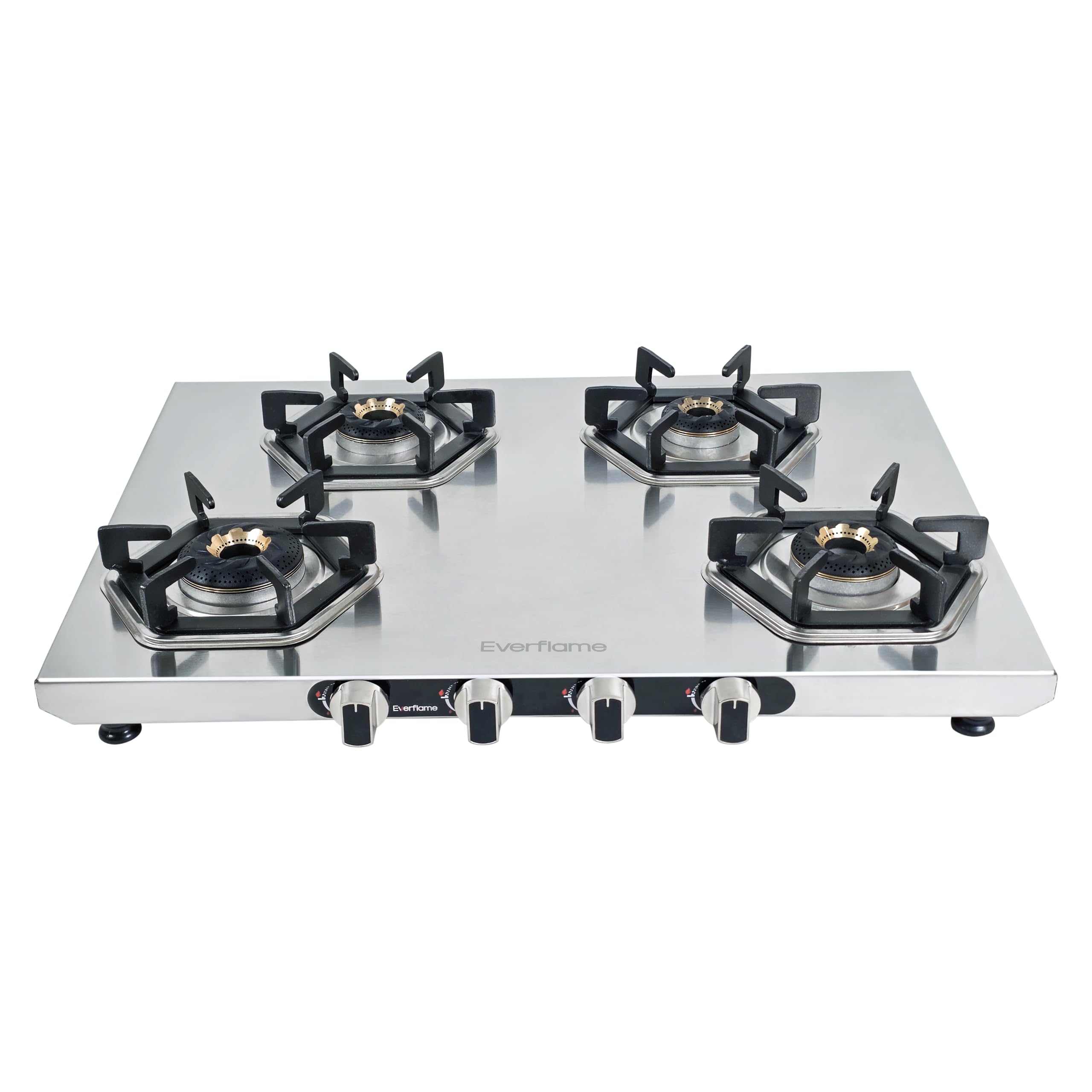 Everflame Hexon 4 Burner Stainless Steel Gas Stove | 2mm Thick Jointless SS Body | 3D Forged Brass-Burner | ISI Certified | Manual Ignition | 2 Years Manufacturer Warranty